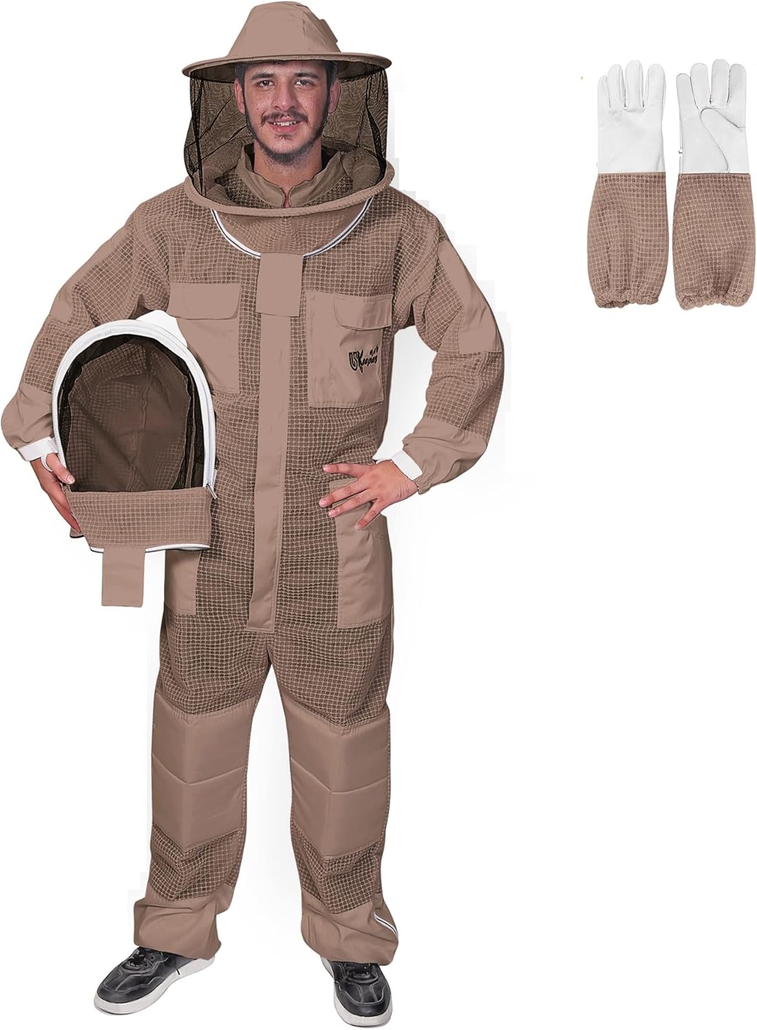 3 Layer Bee Suit, Apiarist Ultra Ventilated Beekeeping Suit for Men & Women, Beekeepers Suit with Bee Gloves & 2 Beekeeping Veils(Brown 3XL)