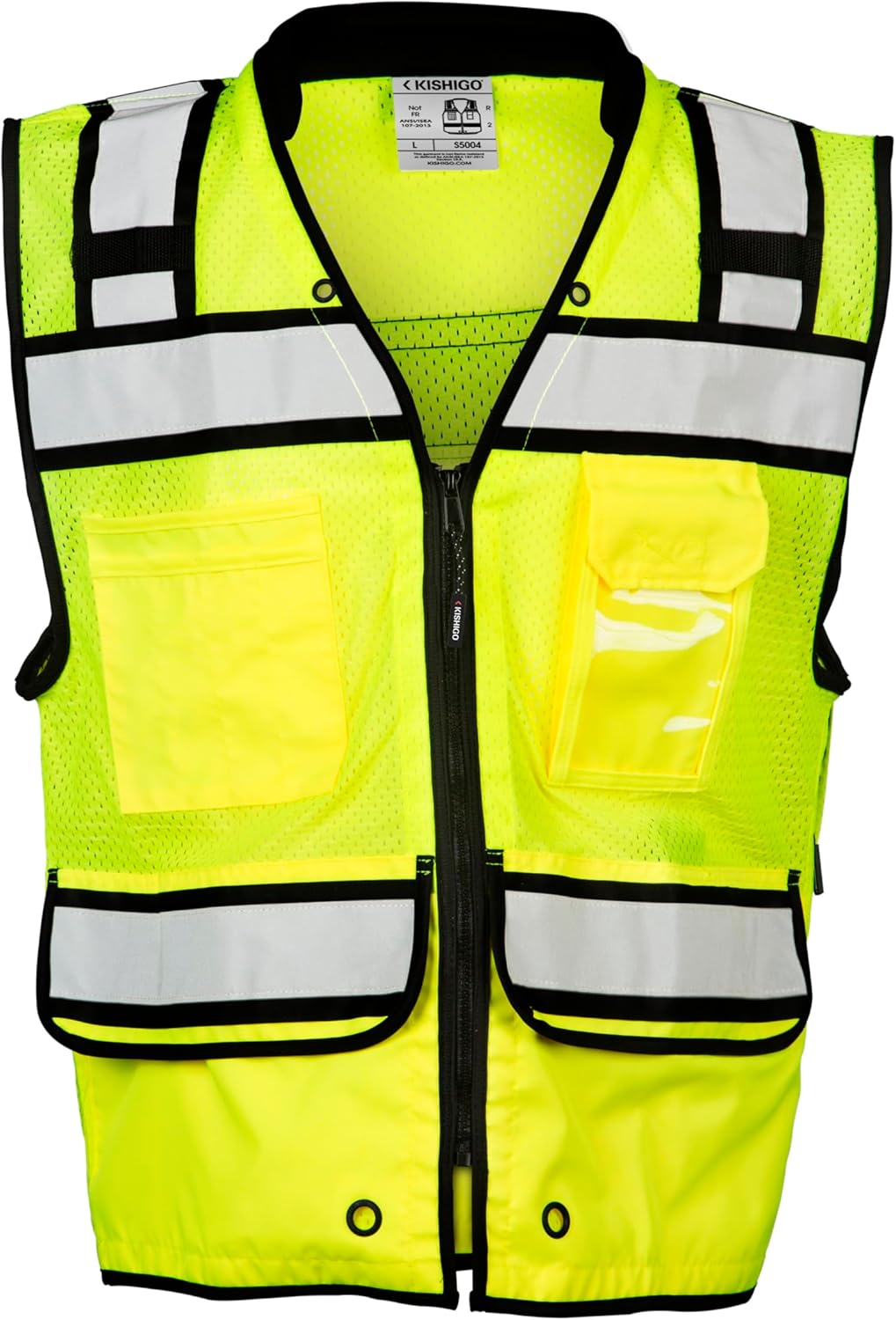 Kishigo Unisex High Visibility Reflective High Performance Surveyors Vest S5004, Zipper Closure, Polyester, ANSI 107 Type R/Class 2, Multiple Pockets for Tools and Equipment Storage (Lime)