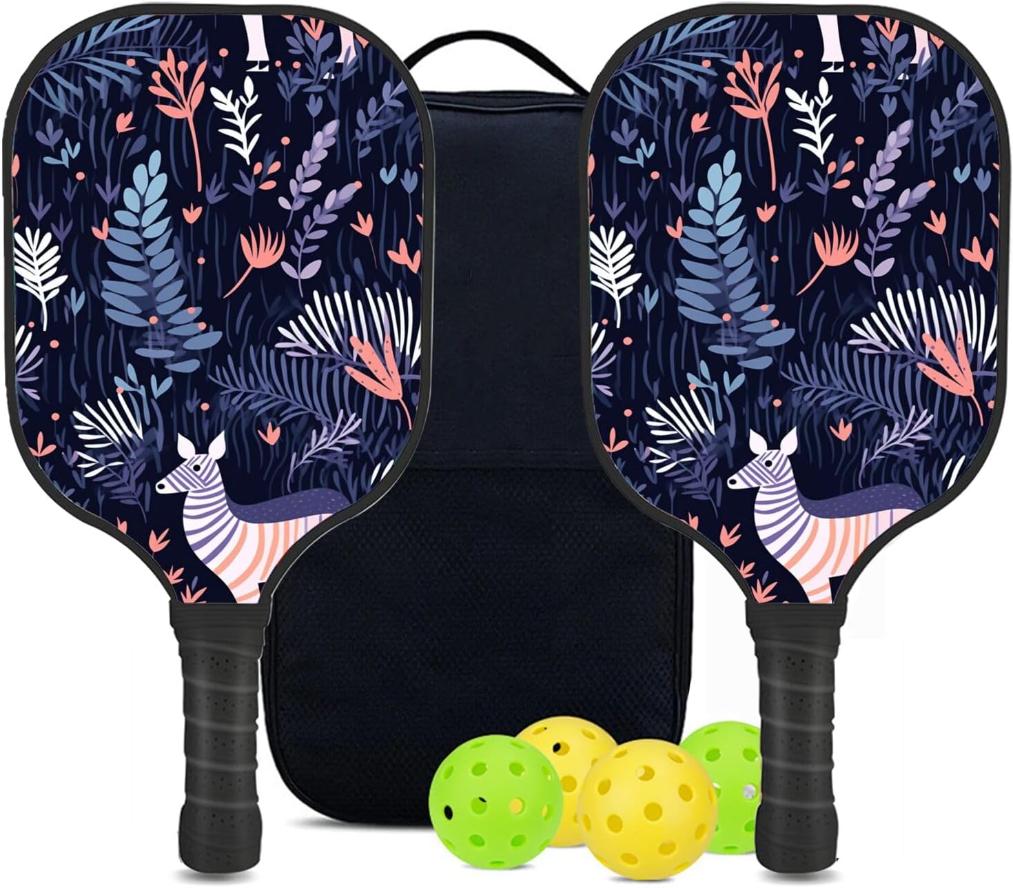 Carbon Fiber Pickleball Paddles Set, All The DIY Fun You can Have with Zebra-BM1743 Pattern Custom Made Honeycomb Polymer Core- Includes 2 Paddles, 4 Balls, and a Carry Bag