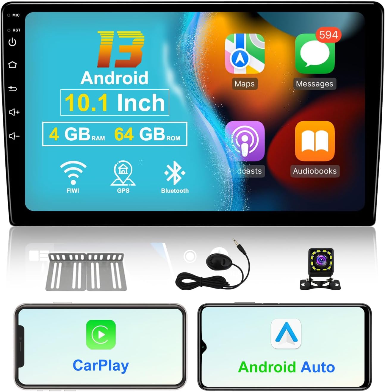 4G+64G 10.1 Inch Android 13 Car Radio Stereo Touch Screen with Carplay & Android Auto, Double Din Car Radio Built-in BT, FM/AM/RDS, GPS Navigation, DSP, USB/AUX Port, SWC, Backup Camera