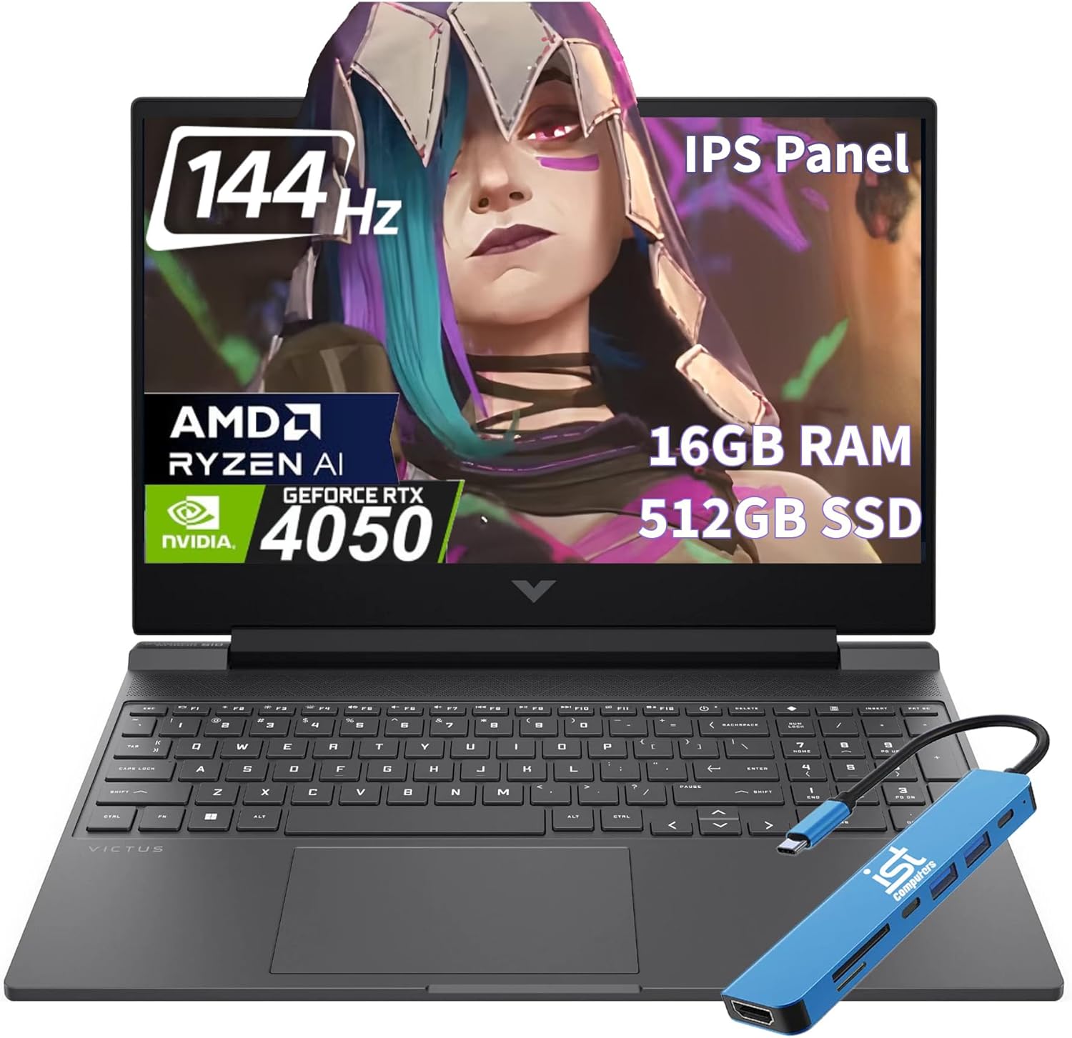 HP 2024 Victus 15 Gaming Laptop, 15.6″ IPS 144Hz FHD (AMD Ryzen 5 8645HS (> i5-13500H), NVIDIA RTX 4050 6GB, 16GB DDR5 RAM, 512GB SSD) Backlit, Wi-Fi 6, Webcam, Ethernet, IST 7-in-1 Hub, Win 11 Home