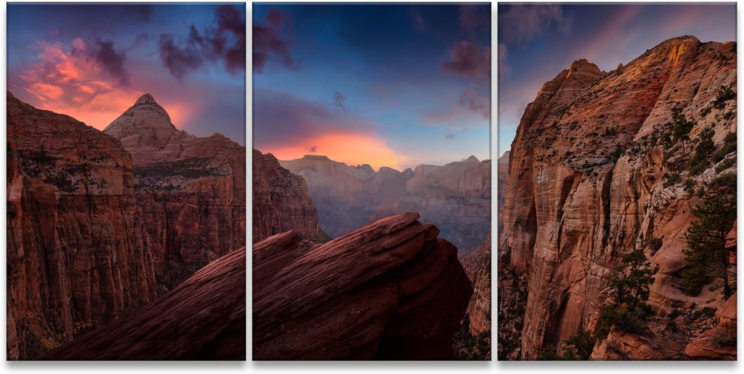 uoppoum Zion National Park Wall Art Canvas Decor Paintings for Living Room Utah Natural Scenery Canyon Sunset Posters with Frames Ready to Hang 16″x24″ x 3 Panels