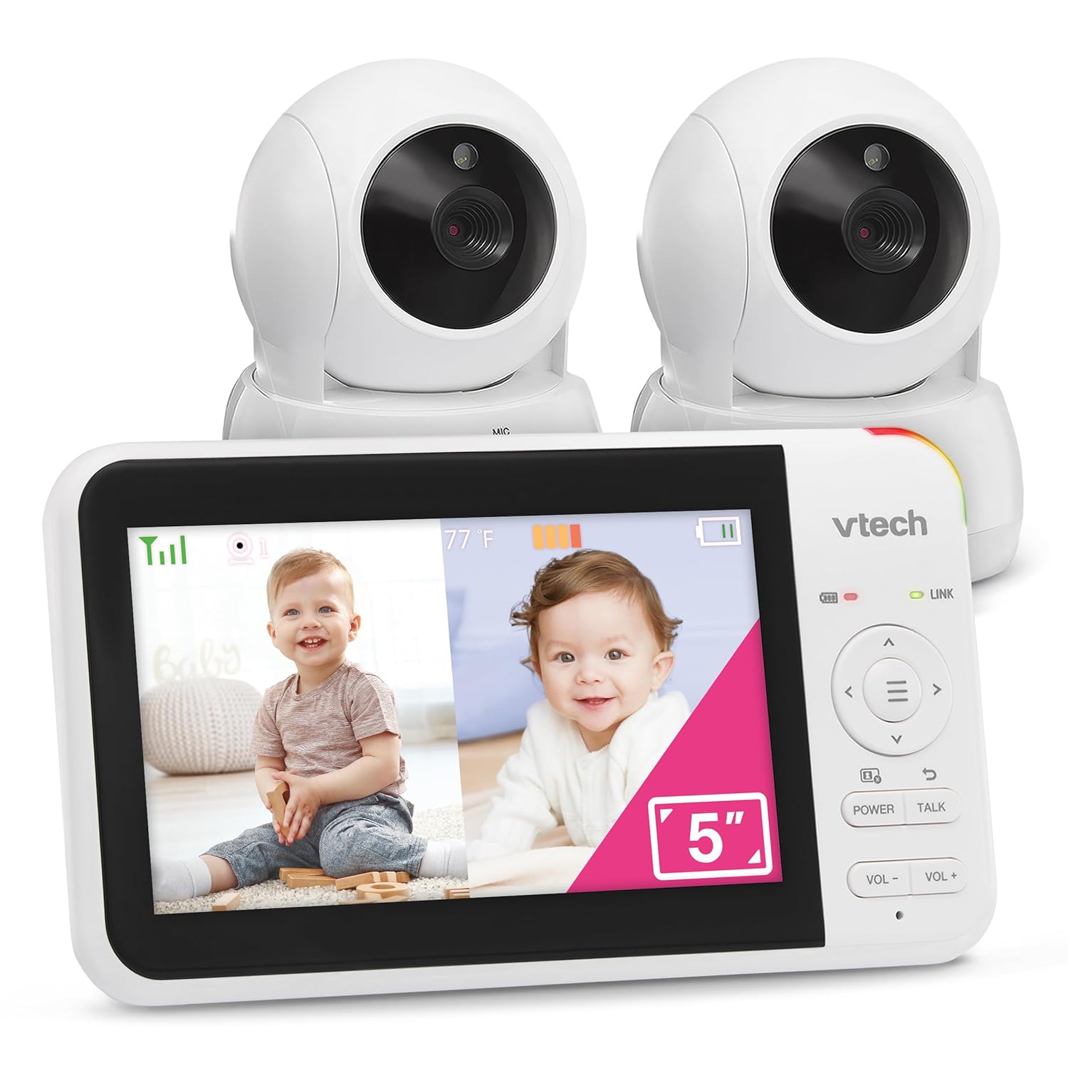 VTech VM924-2 Remote Pan-Tilt-Zoom Baby Monitor with 2 Cameras & Audio,5″LCD Screen,Up to 17Hrs Video Streaming&31Hrs Battery for Audio,Night Vision,1000ft Range,Soothing Sounds,Temperature Sensor