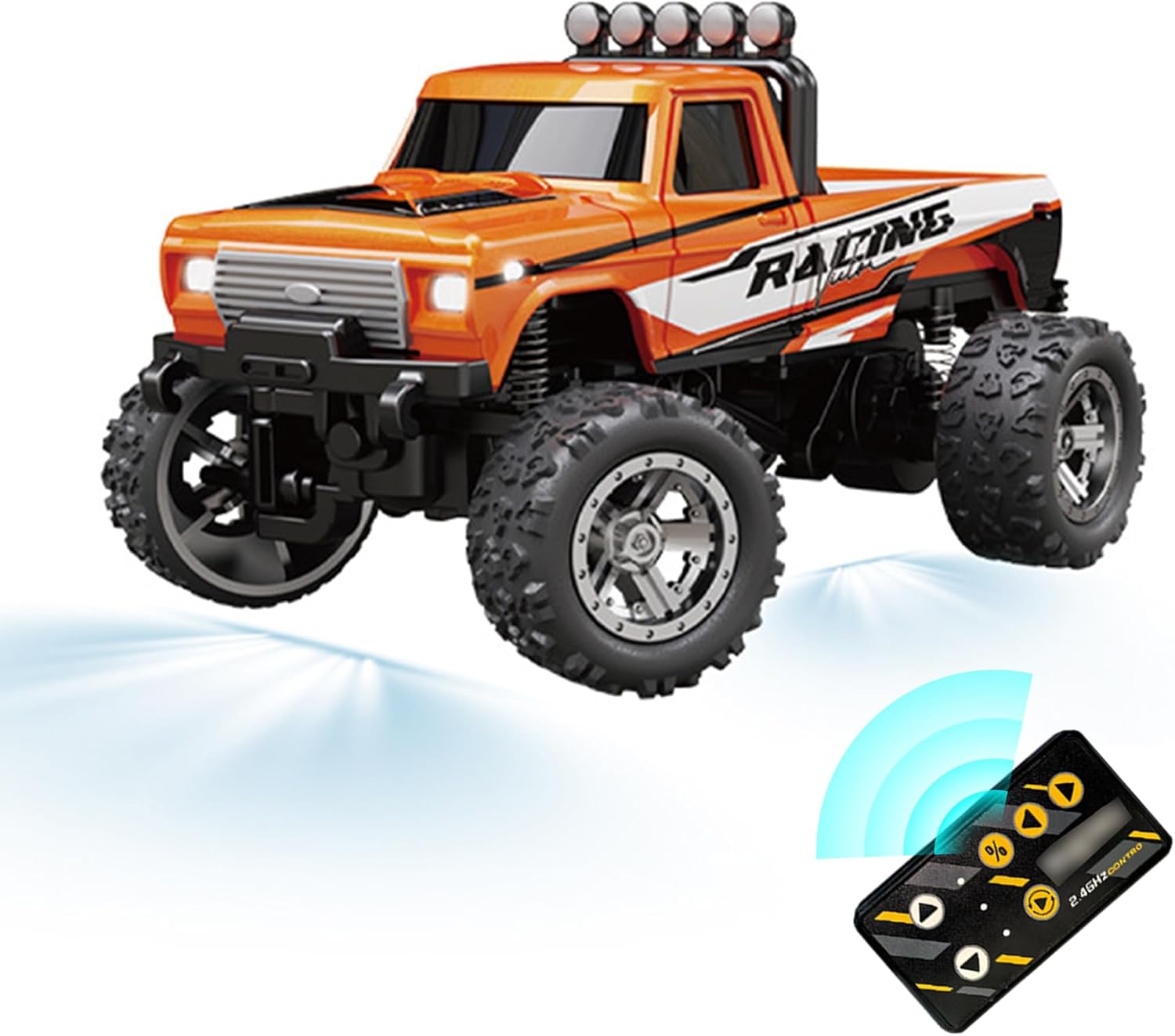 Mini Rc Monster Truck, 1/64 Tiny Alloy RCBig Wheel Truck, Remote ControlRWD Off-Road Vehicle with Lights for AllTerrain, USB Rechargeable, Birthday for Boys (Orange,Without Carriage)