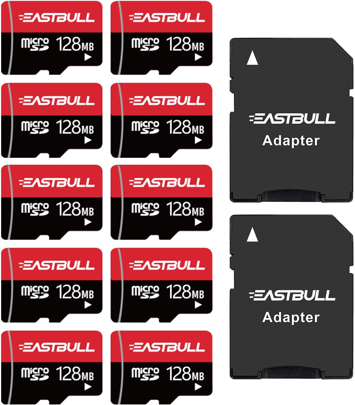 (Not 128GB) 128MB 10-Pack of Micro SD Cards, EASTBULL SD Memory Cards 128MB SD Cards Pack Full HD Video 90MB/s UHS-I U1 Class 10 for Surveillance Security Cam (10 Units and 2 Adapters)