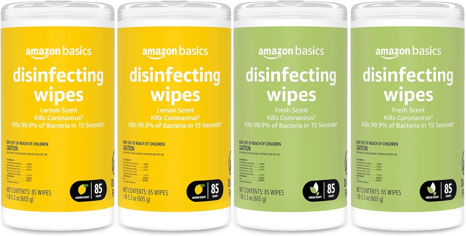 Amazon Basics Disinfecting Wipes, Lemon & Fresh Scent, Sanitizes/Cleans/Disinfects/Deodorizes, 340 Count (4 Packs of 85)