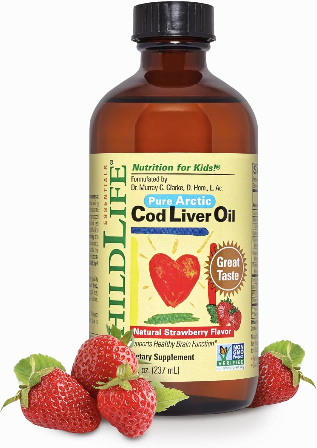 CHILDLIFE Essentials Cod Liver Oil for Kids – Kids Cod Liver Oil Liquid, Arctic Cod Liver Oil for Babies 6+ Months, Toddlers, & Kids, Added DHA, EPA, Omega-3 Fatty Acids – Strawberry, 8 fl oz