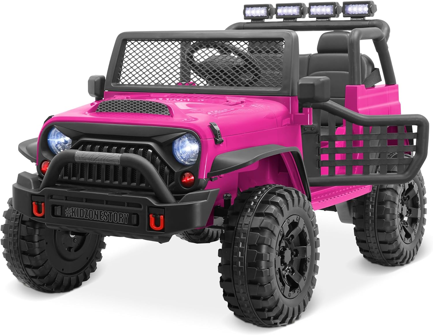 Kidzone 12V 3.8 MPH Kids 2-Seater Ride On Truck Car Electric Vehicles w/Personalize License Plate, 4-Wheeler Suspension, Parent Remote Control, MP3, 3 Speeds, LED Lights, Bluetooth, Radio – Pink