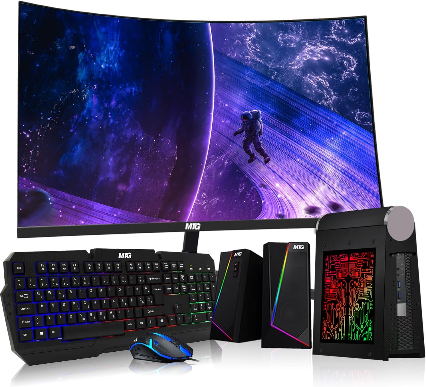 CyberCube Mini PC Bundle, Intel i7 6th Gen, 32GB RAM, 512TB SSD, 24 Inch Curved Monitor, RGB Keyboard with AI-Enabled Copilot Key, Mouse, RGB Speaker, Webcam, Win 10 Pro (Renewed)