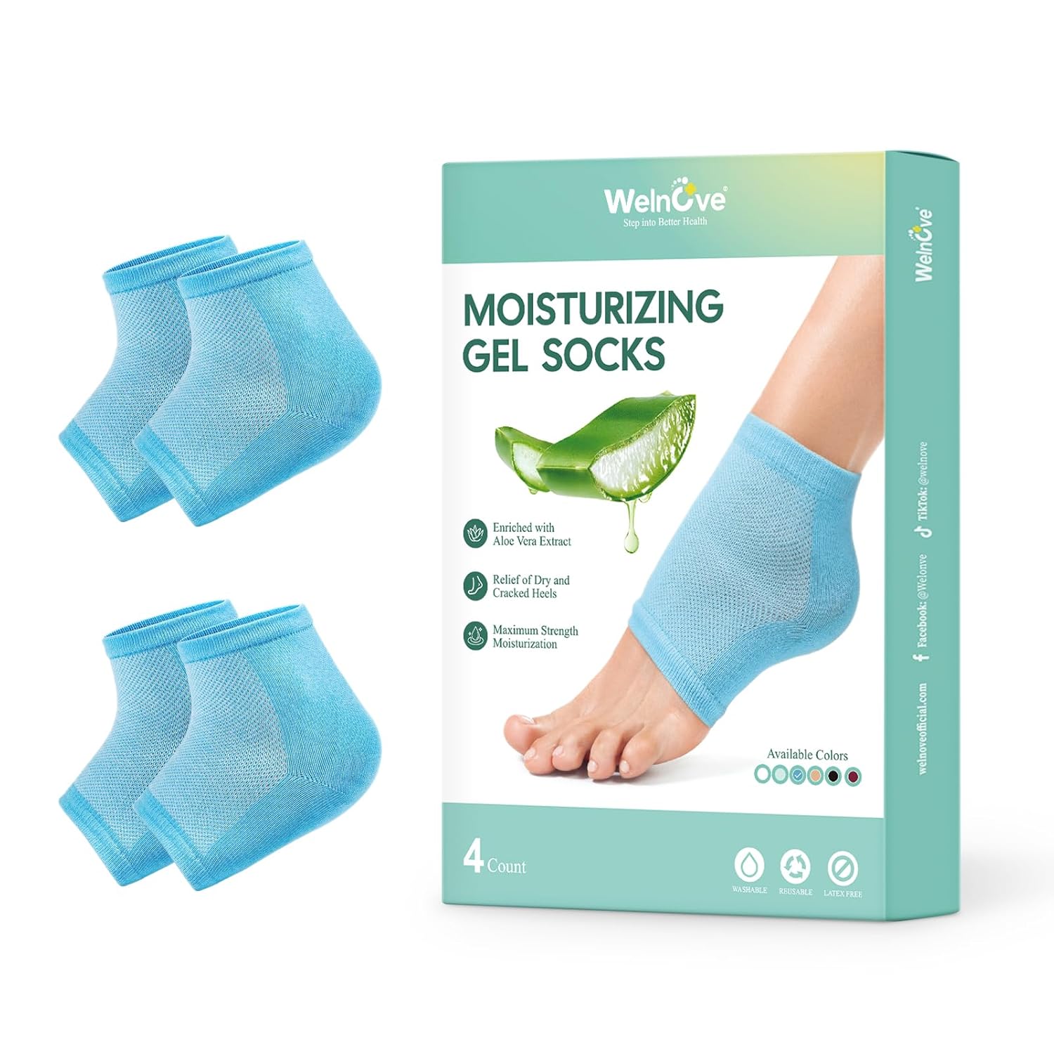 Welnove Moisturizing Heel Socks – 2 Pairs Aloe Vera Extract Infused Gel Lining for Dry Feet – Cracked Heel Repair Treatment – Cotton Socks for Women Men Foot Care (Regular Sizes)