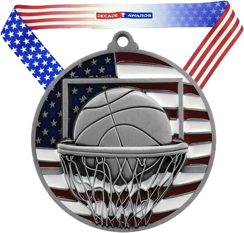 Decade Awards Basketball Patriotic Medal – 2.75 Inch Wide Hoops Medallion with Stars and Stripes American Flag V Neck Ribbon