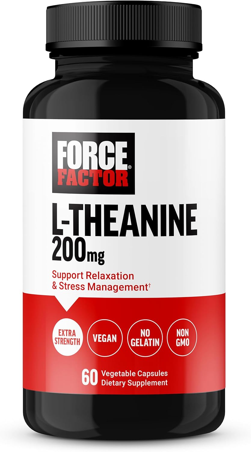 FORCE FACTOR L Theanine, Extra Strength L-Theanine Supplement for Stress Relief, and Supporting Calm and Relaxation, L Theanine 200mg Capsules, Vegan, Non-GMO, No Gelatin, 60 Vegetable Capsules