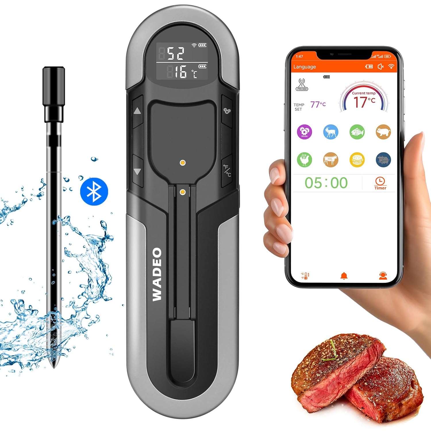 WADEO Bluetooth Meat Thermometer, Wireless Meat Thermometer for Grilling and Smoking, 500FT Digital Food Thermometer for Remote Monitoring of BBQ Grill, Oven, Smoker, Air Fryer, iOS & Android