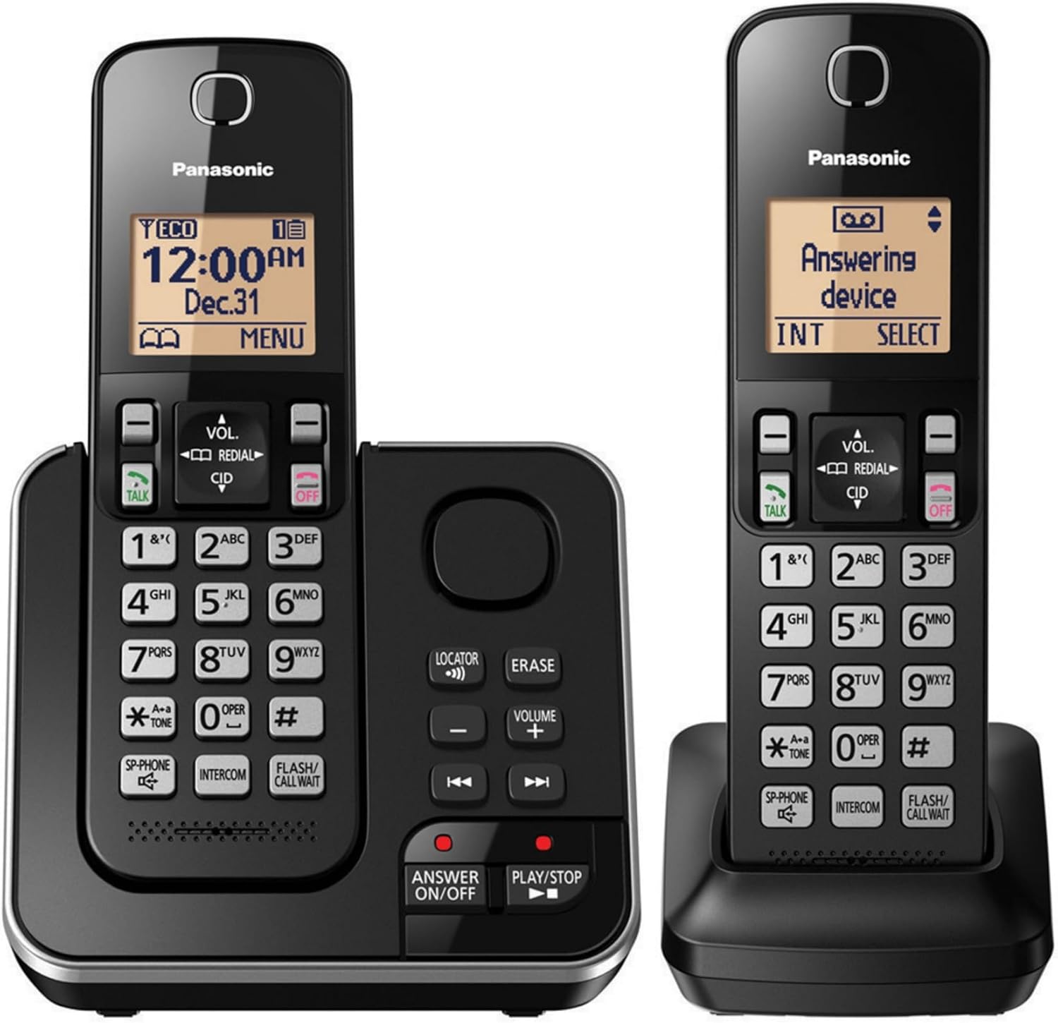 Panasonic Expandable Cordless Phone System with Answering Machine, Amber Backlit Display and Call Block – 2 Handsets – KX-TGC362B (Black)