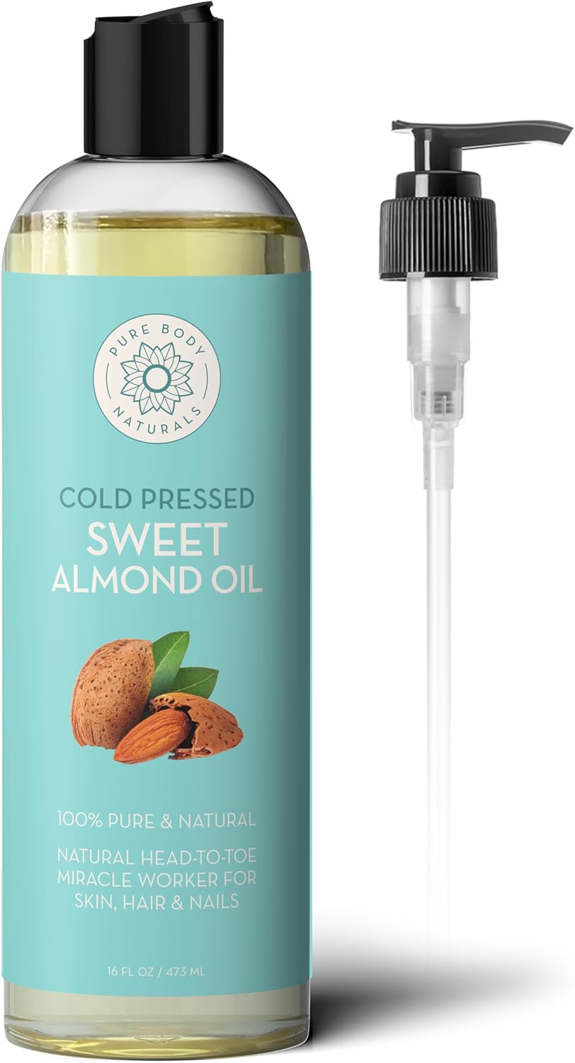 Pure Body Naturals Sweet Almond Oil for Hair and Skin, 100% Pure and Cold Pressed, Hexane Free, Skin Moisturizer, Nails, Therapeutic Massage, Carrier Oil 16 Fl. Ounce (Label Varies)