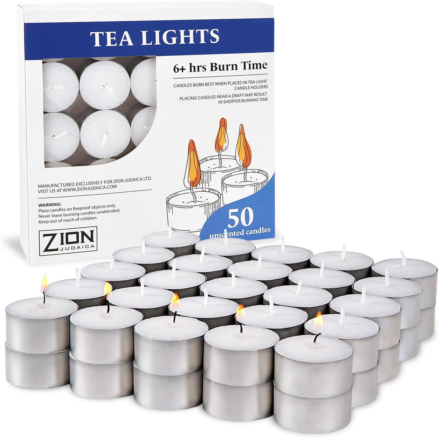 Zion Judaica Premium Unscented Tealight Candles Set Smokeless Multi-Pack Tea Candles Dripless Clean Burning Tea Lights Long Lasting Candlelight for Home Décor Religious Ceremonies (6 Hour, 50, Count)