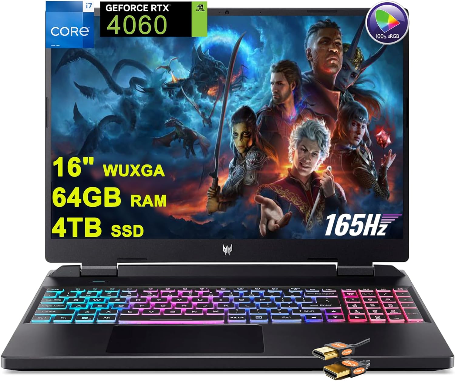 acer Predator Helios Neo 16 Gaming Laptop 16″ WUXGA IPS 165Hz (100% sRGB) Intel 14-Core i7-13650HX 64GB RAM 4TB SSD GeForce RTX 4060 8GB Graphic RGB Backlit Killer AX1650i Win11 Black + HDMI Cable