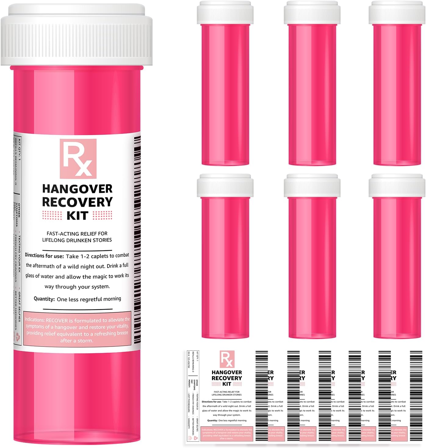 Bachelorette Party Favors, 6 Pack Hangover Kit Pink Pill Bottles, Perfect Hangover Recovery Kit for Bride Emergency on Wedding Day, Girls Night Out, 21st Birthday Party Supplies