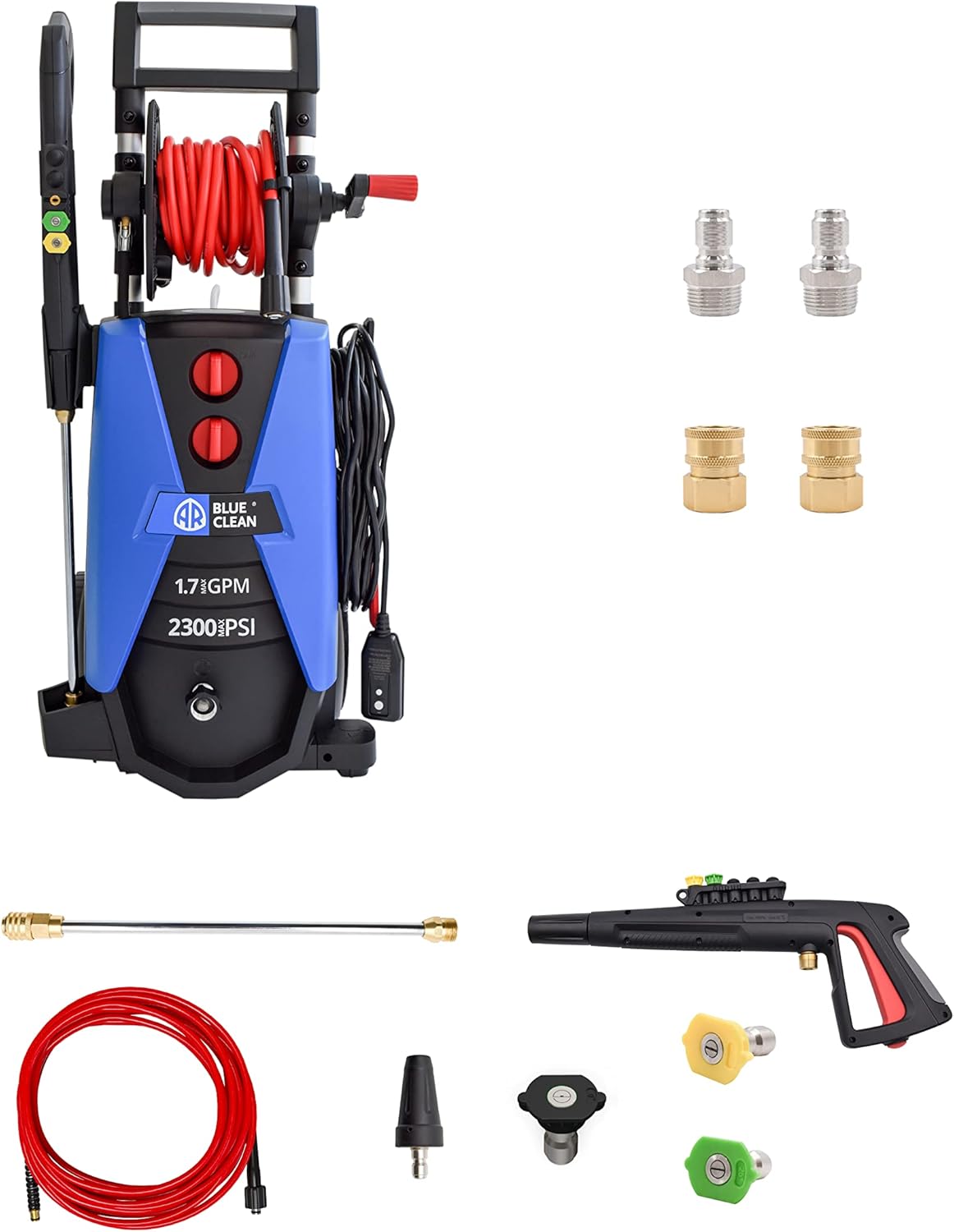 AR Blue Clean BC390HSS-BND2QC, Includes BC390HSS Electric Pressure Washer with M22 Transfer Adapters. 2300 PSI, 1.7 GPM, Easy Connection with M22 Transfer Adapters, Trigger Gun, 25′ Hose, 32 lbs