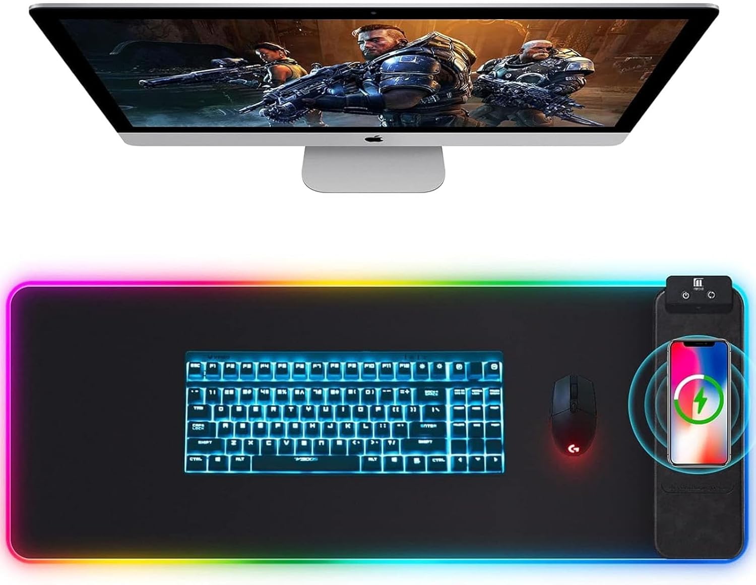 Mouse Pad with Wireless Charging, Large Desk Mat RGB Gaming Mousepad, 10 Light Colors LED Desk Pad Keyboard Pad with Ultra-Smooth Surface & Non-Slip Rubber Base, Waterproof Full Desk Mouse Pad