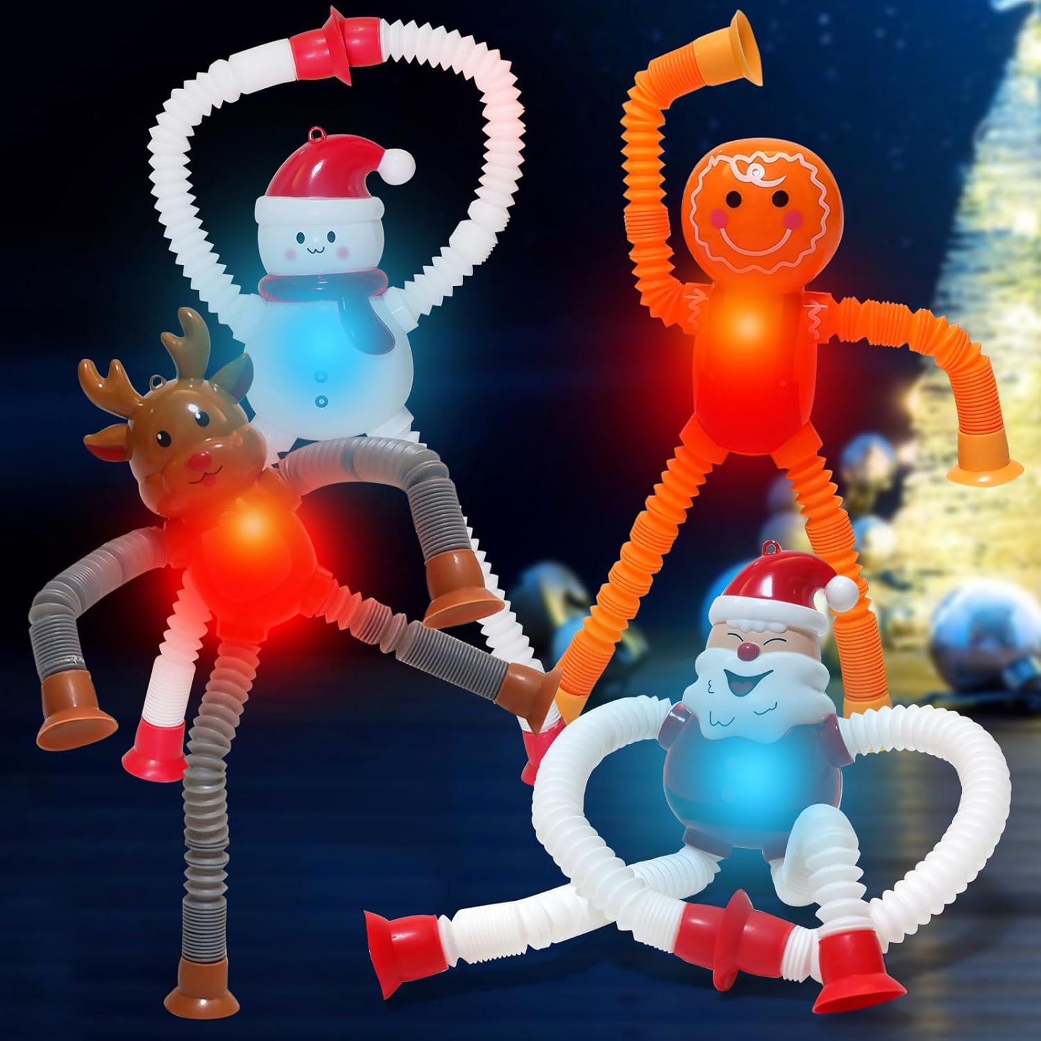 Christmas LED Pop Tubes Light Up 4 Pcs Sensory Fidget Toys, Telescopic Suction Cup Santa Toys Autism Christmas Party Favors Game Prizes Goody Bags Stocking Stuffers Treats for Kids 3+ (Christmas)