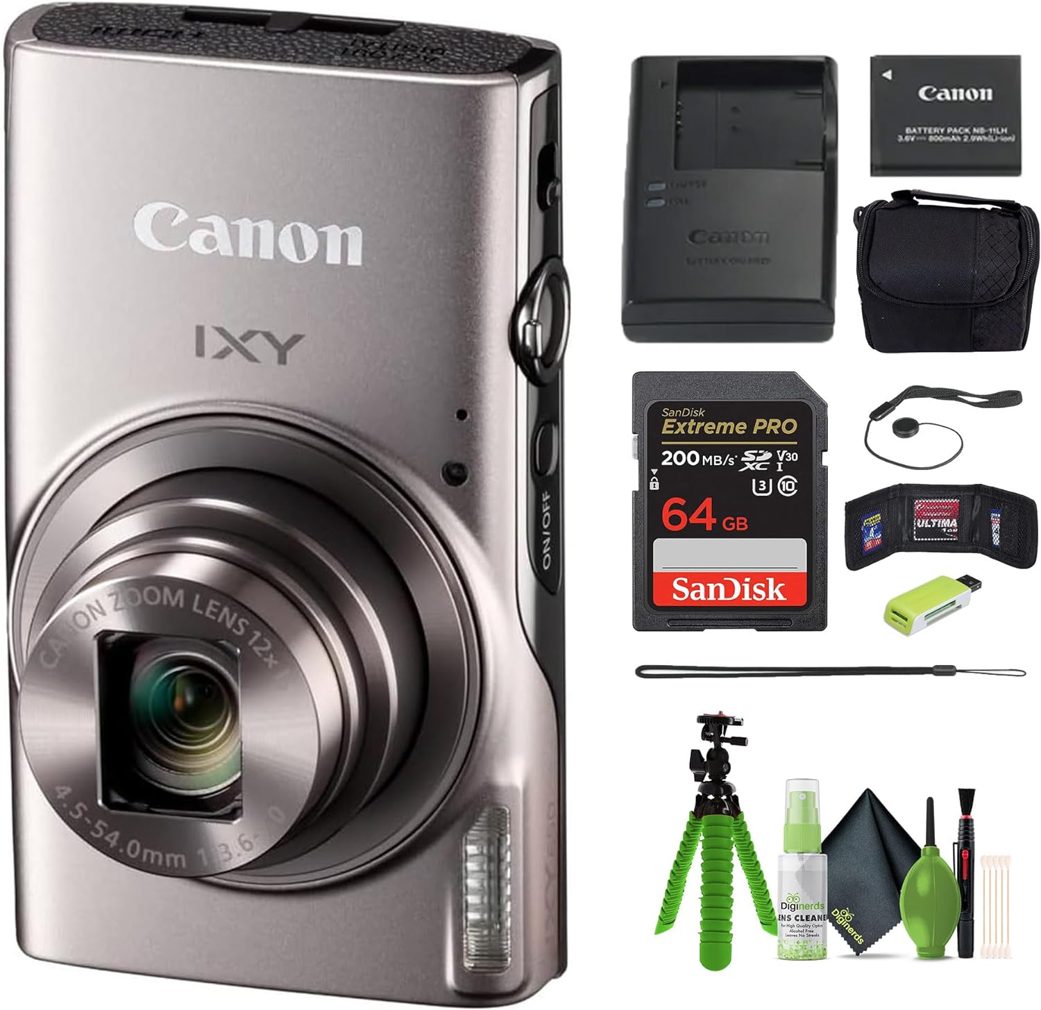 Canon PowerShot IXY 650 (ELPH 360) HS Compact Digital Camera 12x Optical Zoom IXY650 (Silver) Bundle + 64GB Memory Card + Camara Bag + Card Reader + Vlogging Tripod + Cleaning Kit and More (Renewed)