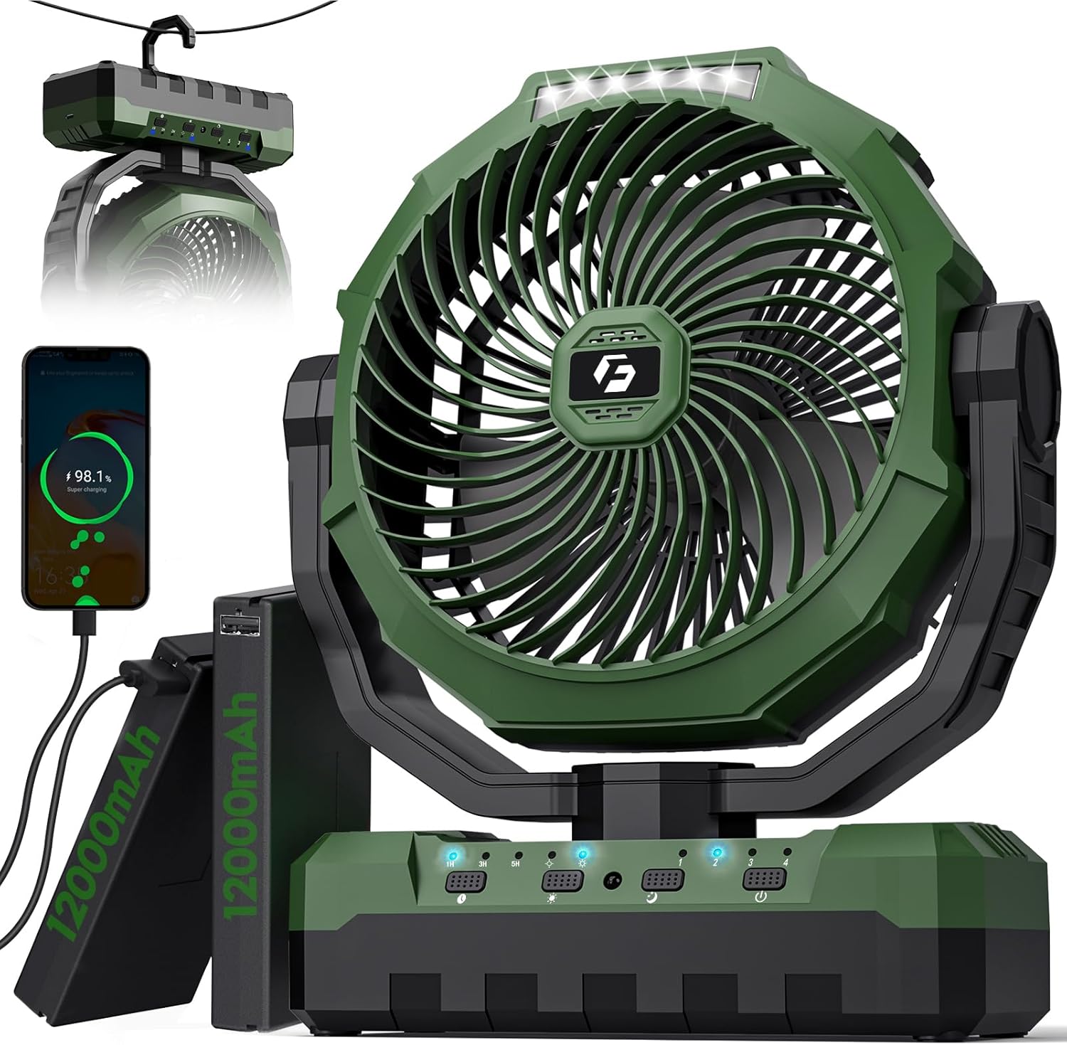 FRIZCOL 3-in-1 Camping Fan – Portable Fan Rechargeable – 24000mAh 9-Inch Battery Powered Fan(140Hrs) – USB Fan with Light & Remote for Indoor, Outdoor, Tent, Travel, BBQ, Fishing, Jobsite – Green