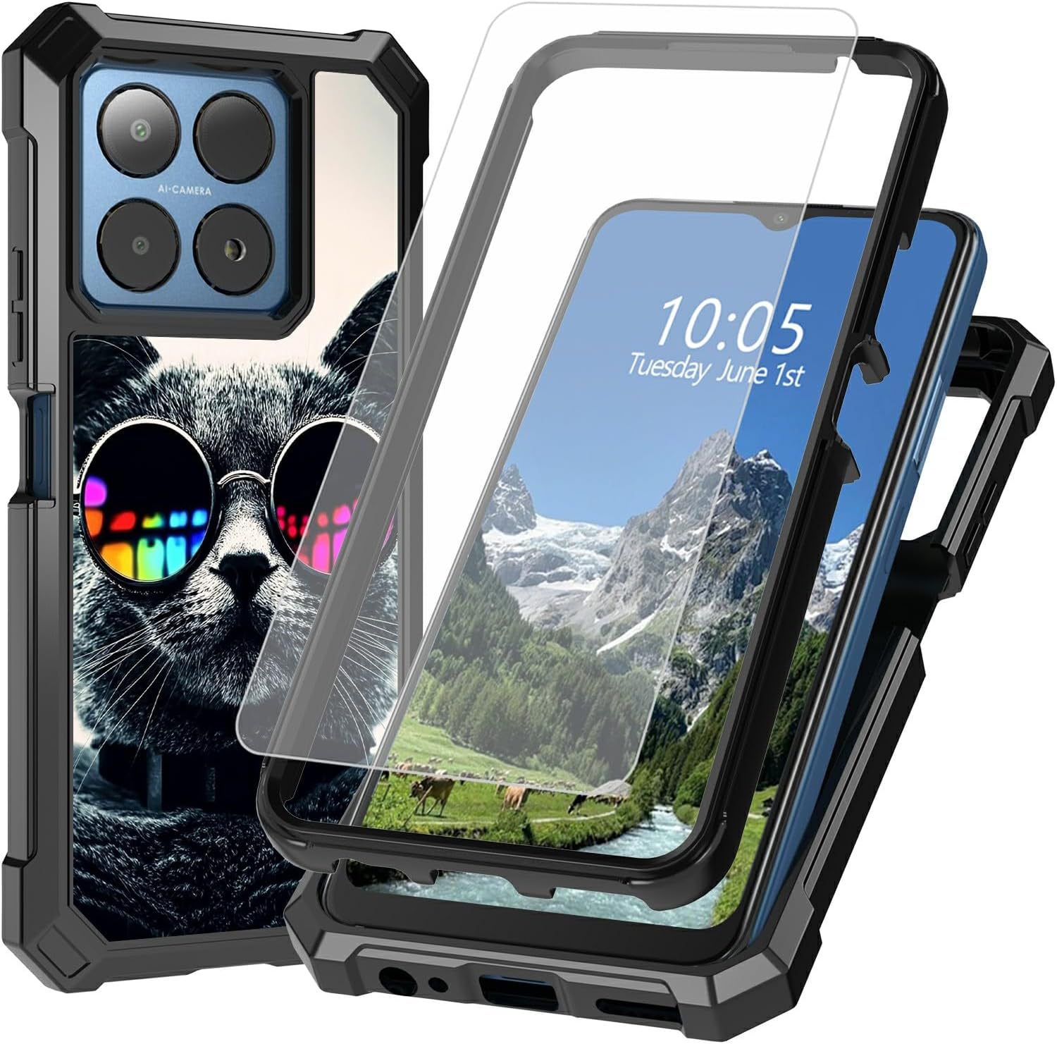 Case for Boost Summit 5G with Tempered Glass Screen Protector Cool Cat Theme Dual Layer Heavy Duty Shockproof TPU Bumper Protective Cover for Boost Summit 5G