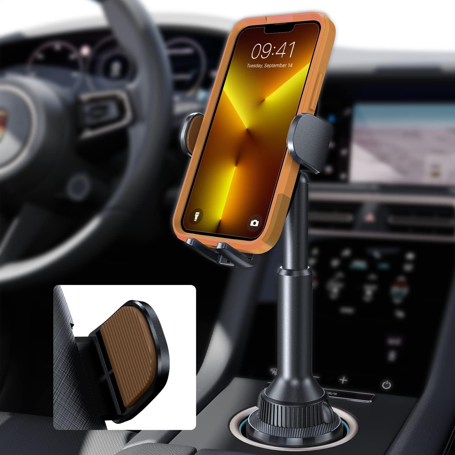 LISEN Cup Holder Phone Holder No Shaking Cup Phone Holder for Car Mount Rock Solid Car Phone Holder, Trucks, SUVs, Compatible with iPhone 16 15 14 13 Plus Pro Max Samsung S24 All 4-7” Phone(Tanned)