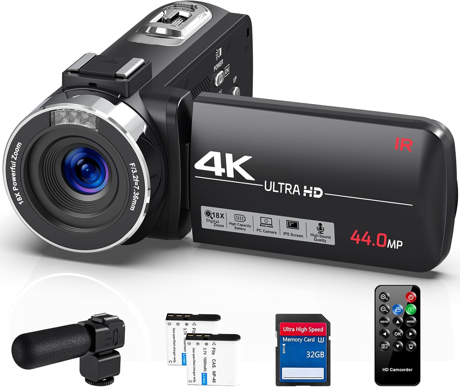 4K Video Camera Camcorder Ultra 44MP Vlogging Camera for YouTube 18X Digital Zoom Camcorder 3.0″ IPS Screen IR Night Vision with External Mic, Controller, 2 Batteries and 32G SD Card