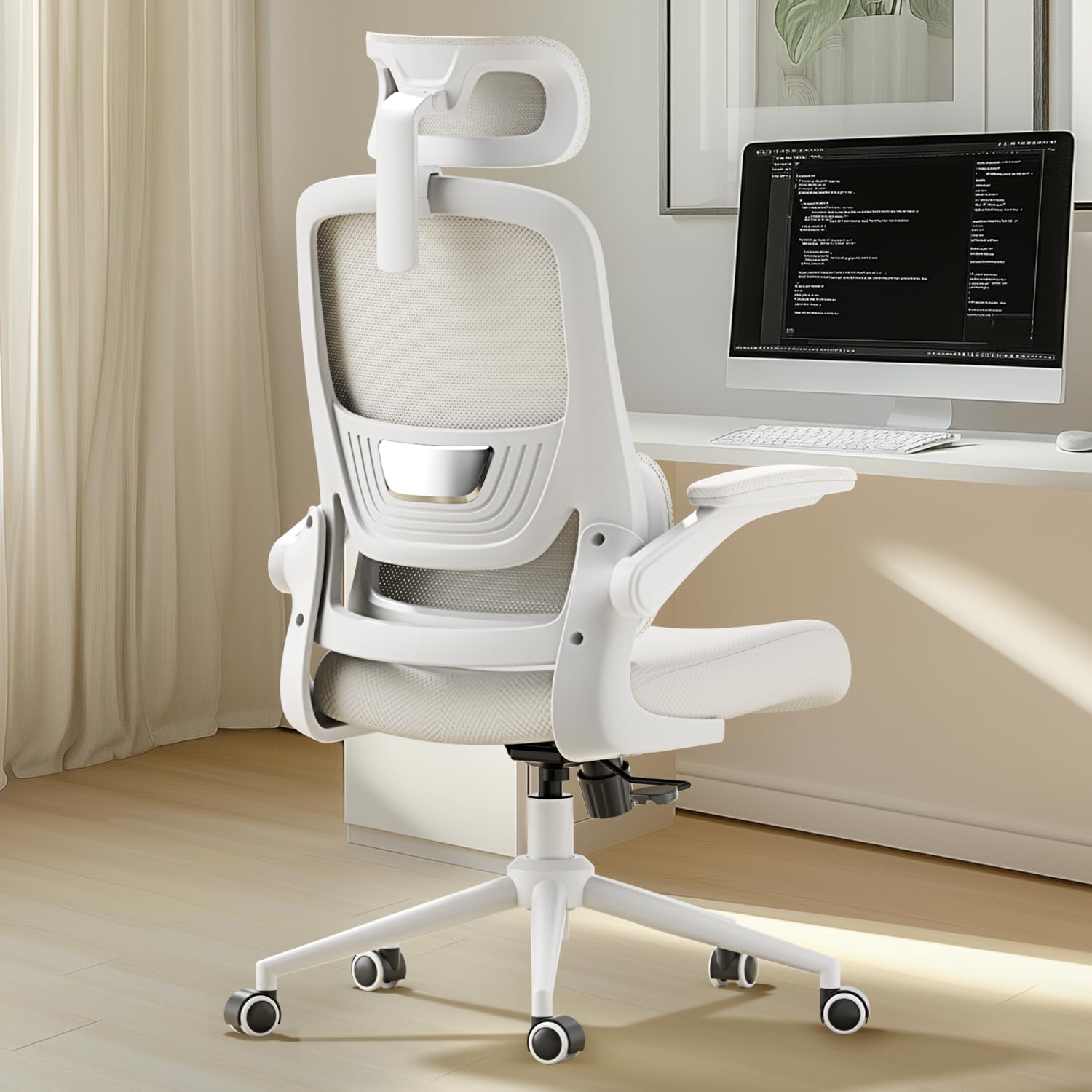 Hbada P1 Ergonomic Office Chair with Lumbar Support, High Back Mesh Desk Chair Flip-Up Armrest, Adjustable Height and Headrest, Swivel Computer Chair for Home Office Desk Chairs White