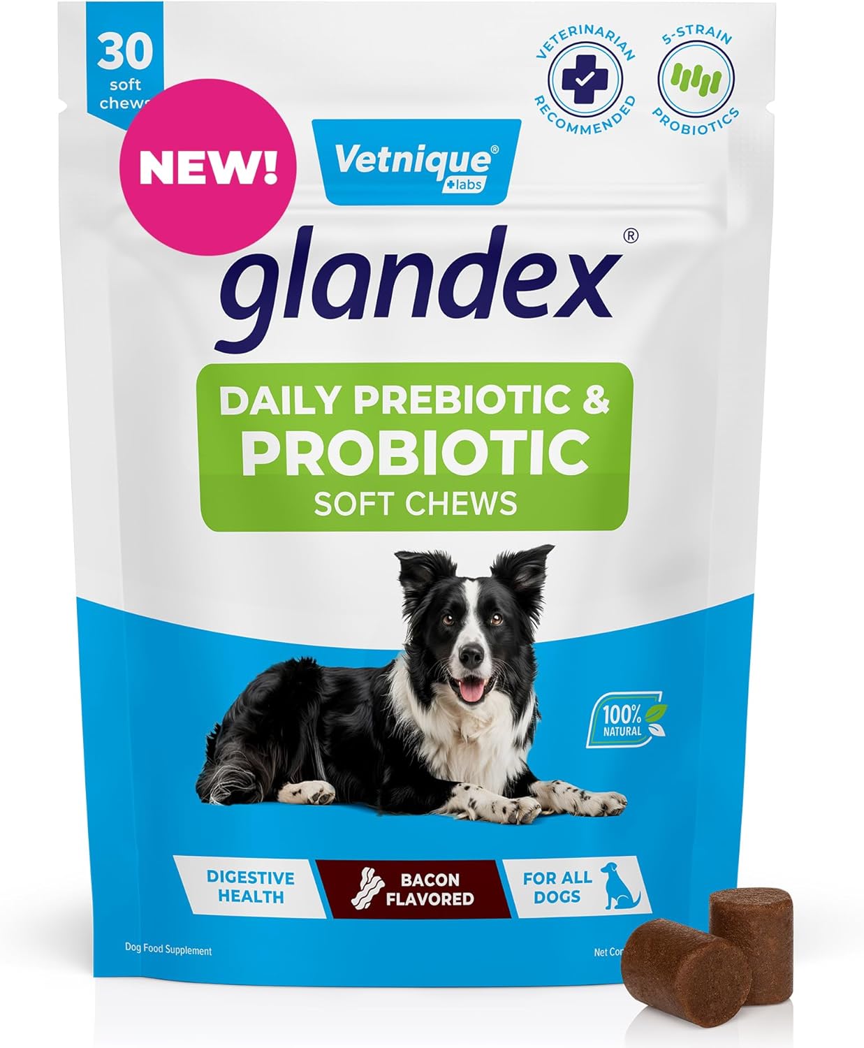 Glandex by Vetnique Daily Probiotics for Dogs with Prebiotics for Optimal Gut Health & Immune Support with Digestive Enzyme & Fiber All Natural Bacon Flavor Soft Chews (30ct Soft Chews)