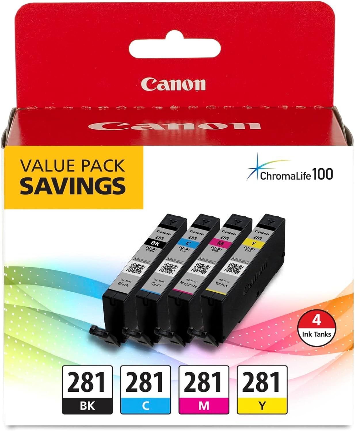 Canon CLI-281 Black, Cyan, Magenta and Yellow 4 Ink Pack, Compatible to TR8520, TR8620 Series, TS9120, and TS6210 Printers