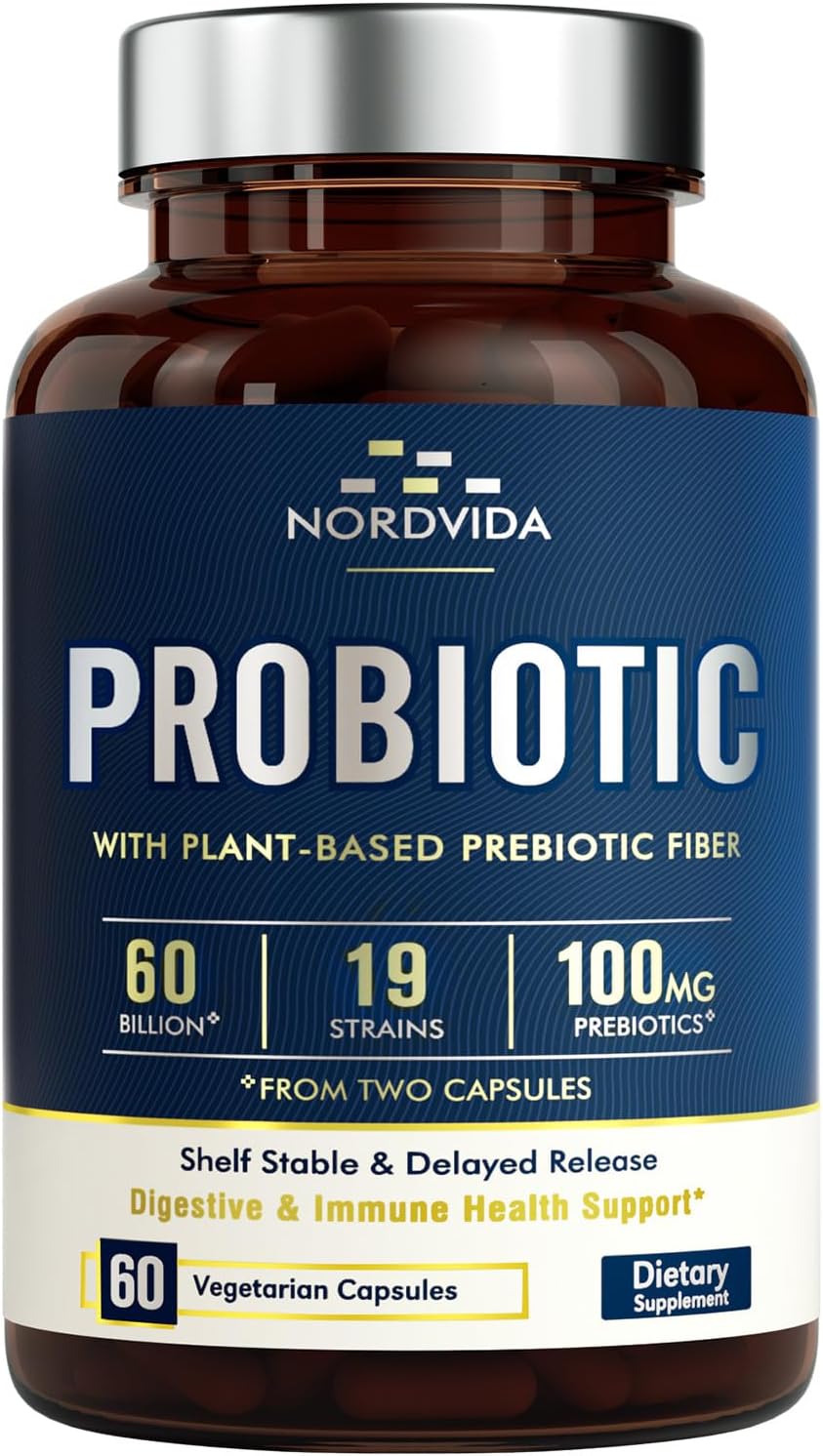 Probiotic 60 Billion 19 Strains with Organic Prebiotic for Men & Women, Digestive & Immune Health, Shelf Stable Delayed Release, Non-GMO No Dairy, 60 Vegan Caps