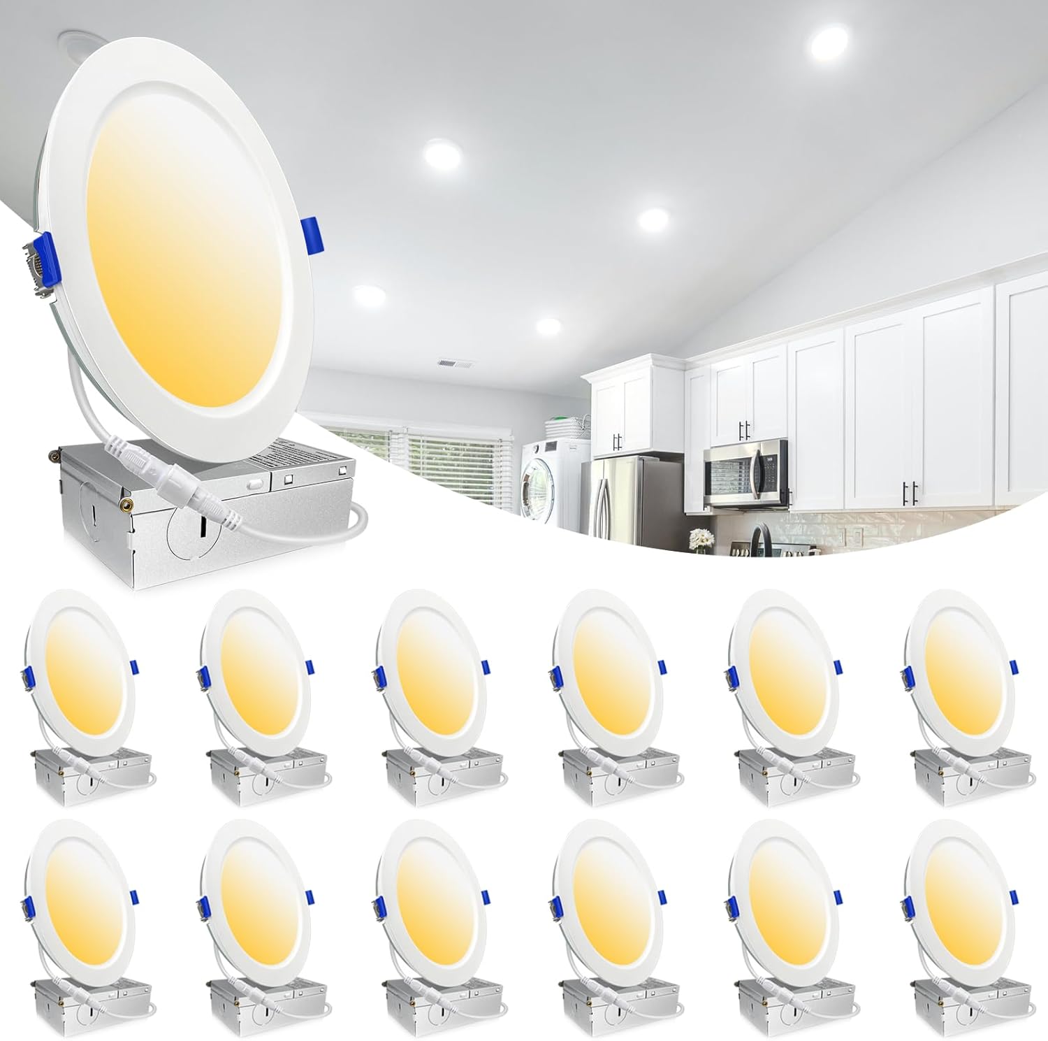 12 Pack LED Recessed Lighting 6 Inch,1800LM 16W=200W, 3000K Ultra-Thin Can Lights with Junction Box, Retrofit Dimmable Recessed Lights, Canless Wafer Downlight – ETL & Energy Star Certified