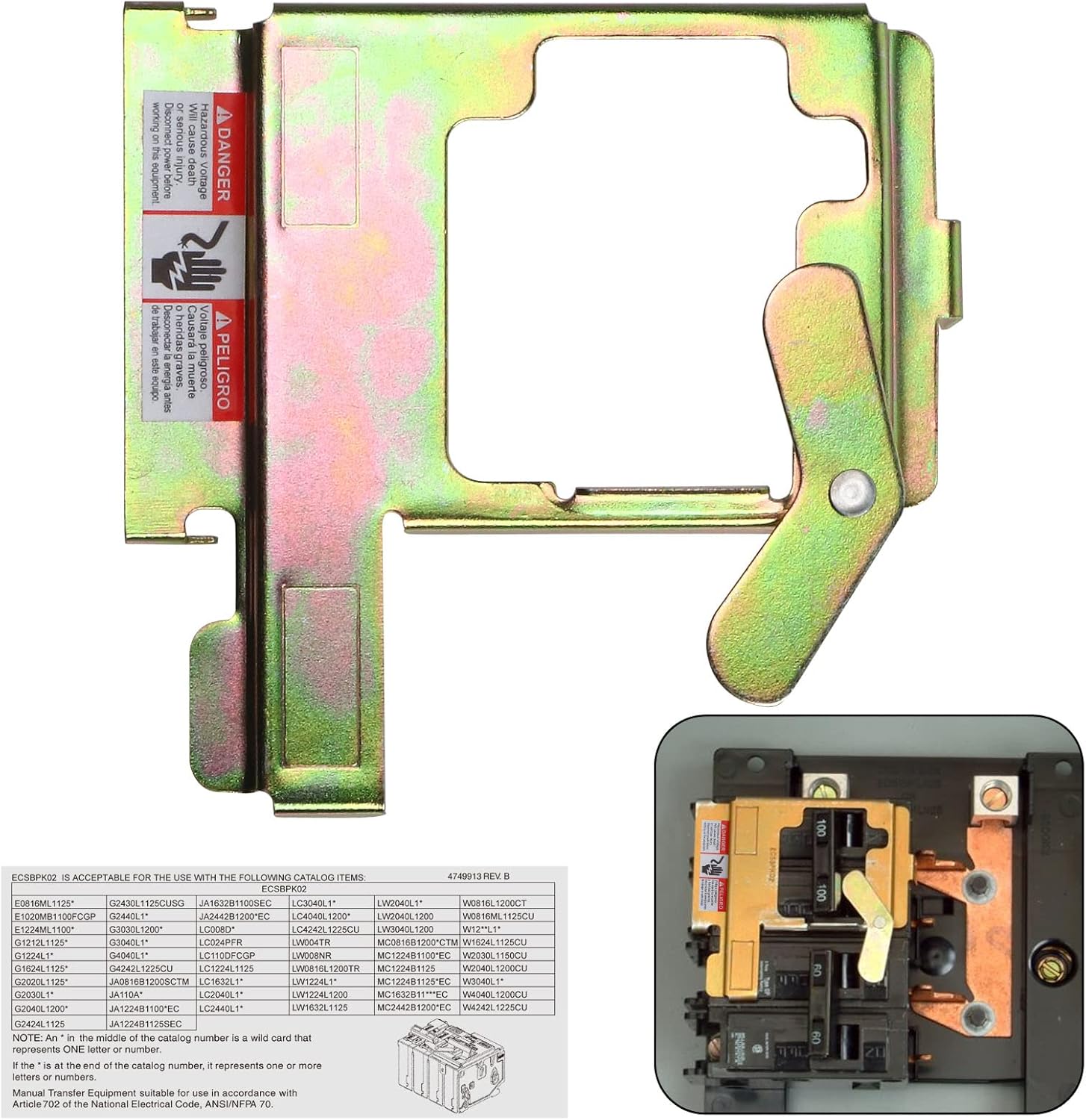 Generator Interlock Kit Compatible with Siemens and Murray, ECSBPK02 Mechanical Interlock Kit Between the Main Breaker Powered by Utility Power and Generator Powered by Standby Power.