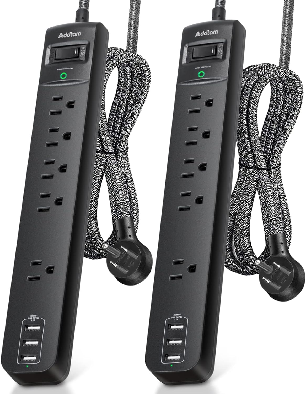 2 Pack Power Strip Surge Protector – 5 Widely Spaced Outlets 3 USB Charging Ports, 1875W/15A with 6Ft Braided Extension Cord, Flat Plug, Overload Surge Protection, Wall Mount for Home Office