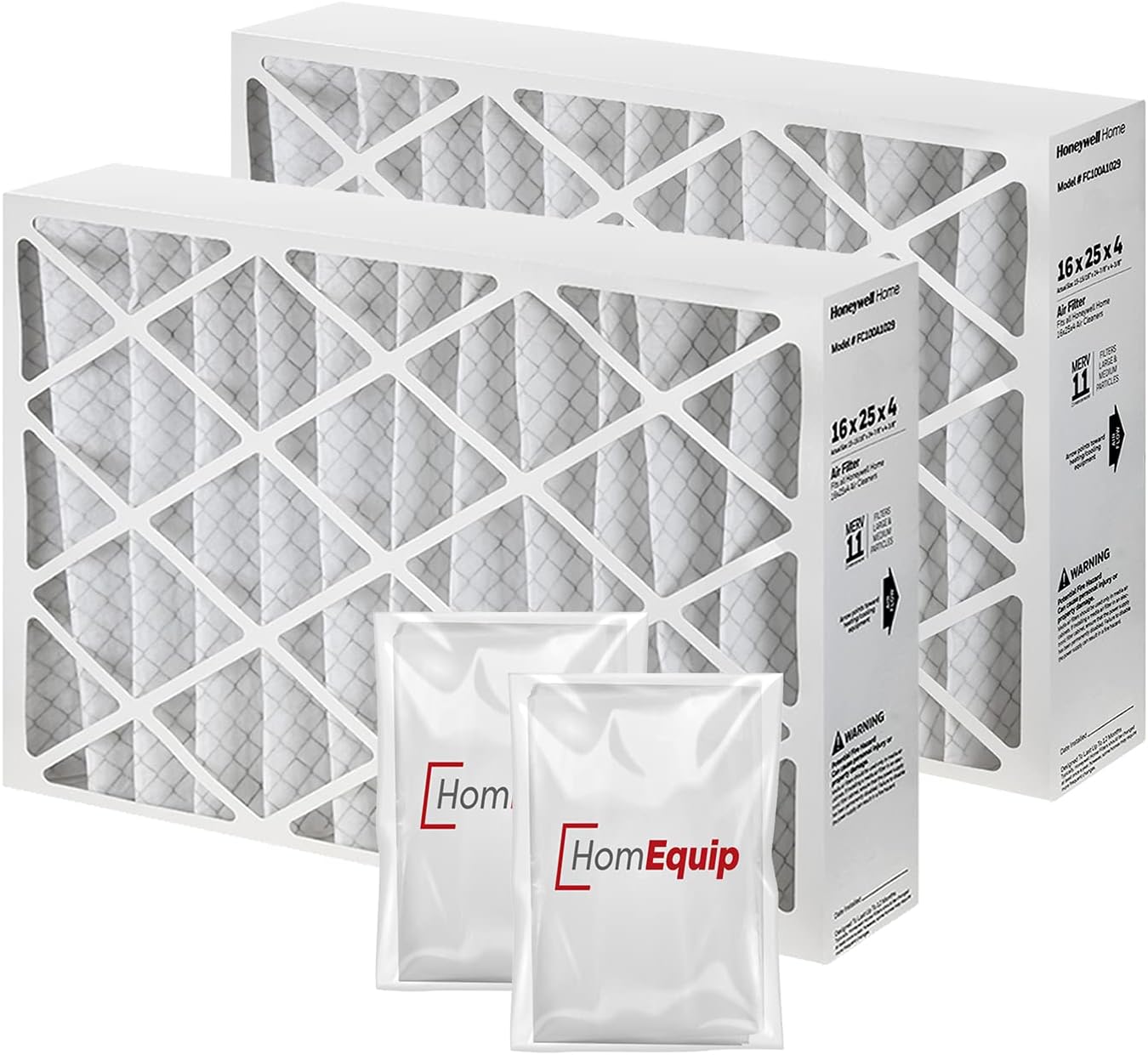 Honeywell 16x25x4 Furnace Filters, FC100A1029 Filter Replacement, Merv 11 Filter Media with Homequip Disposal Bag (2 Pack)