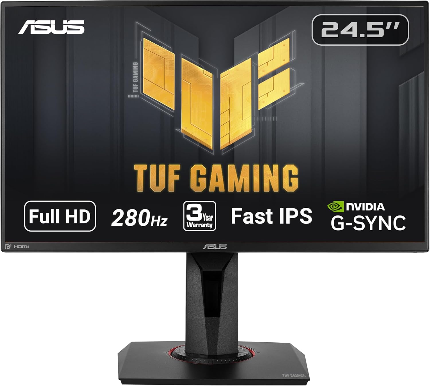 ASUS TUF Gaming VG259QM 24.5” Monitor, 1080P Full HD (1920 x 1080), Fast IPS, 280Hz, G-SYNC Compatible, Extreme Low Motion Blur Sync,1ms, DisplayHDR 400, Eye Care, DisplayPort HDMI BLACK