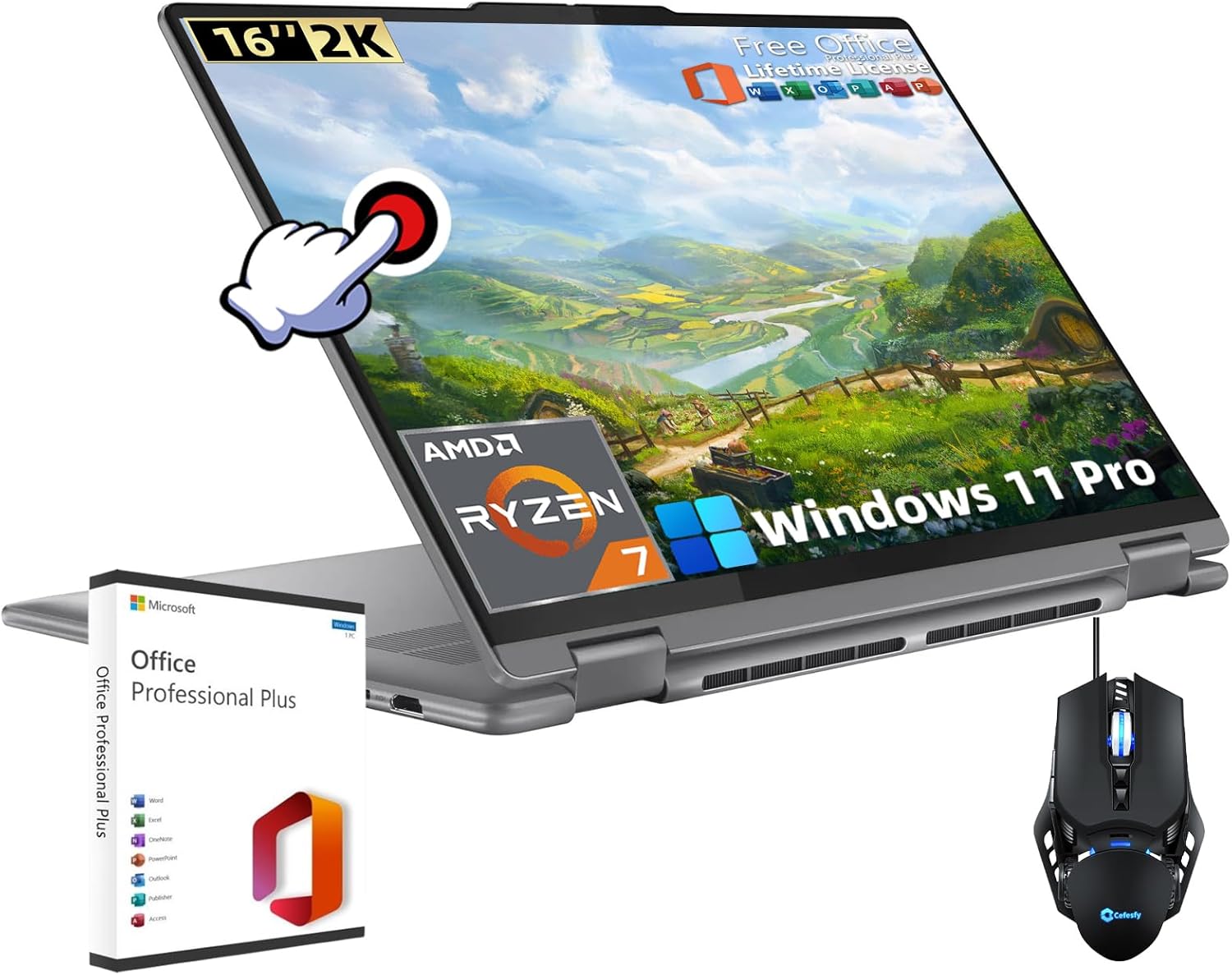 Lenovo Yoga 7 2-in-1 Laptop Computer – 16″ 2K Touchscreen Display, AMD Ryzen 7 8840HS CPU, 16 GB DDR5 RAM, 1TB SSD, Backlit KB, Wifi6E, Fingerprint, Win 11 Pro, with Microsoft Office Lifetime License