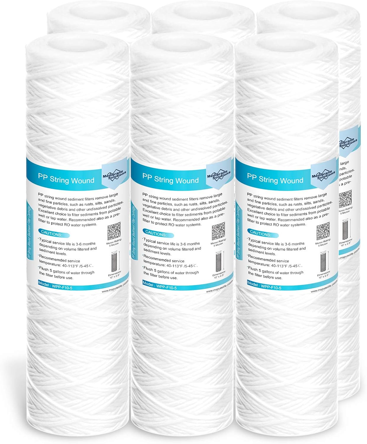 Membrane Solutions 5 Micron 10″x2.5″ String Wound Whole House Water Filter Replacement Cartridge Universal Sediment Filters for Well Water – 6 Pack