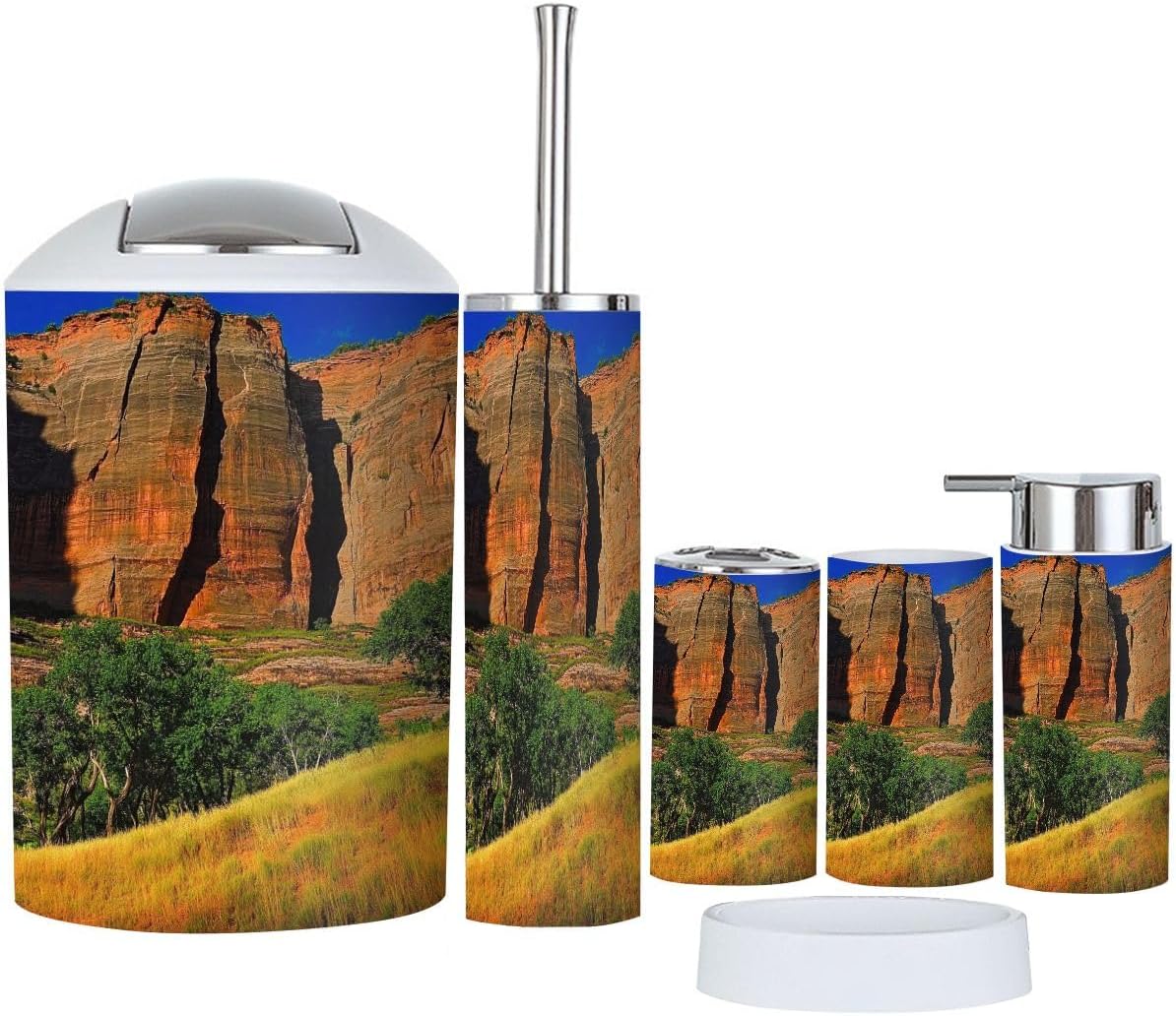 Bathroom Accessory Set 6 Piece The Sandstone Walls Zion Canyon from Riverside Walk Toothbrush Holder, Toothbrush Cup, Soap Dispenser, Soap Dish, Toilet Brush Holder, Trash can