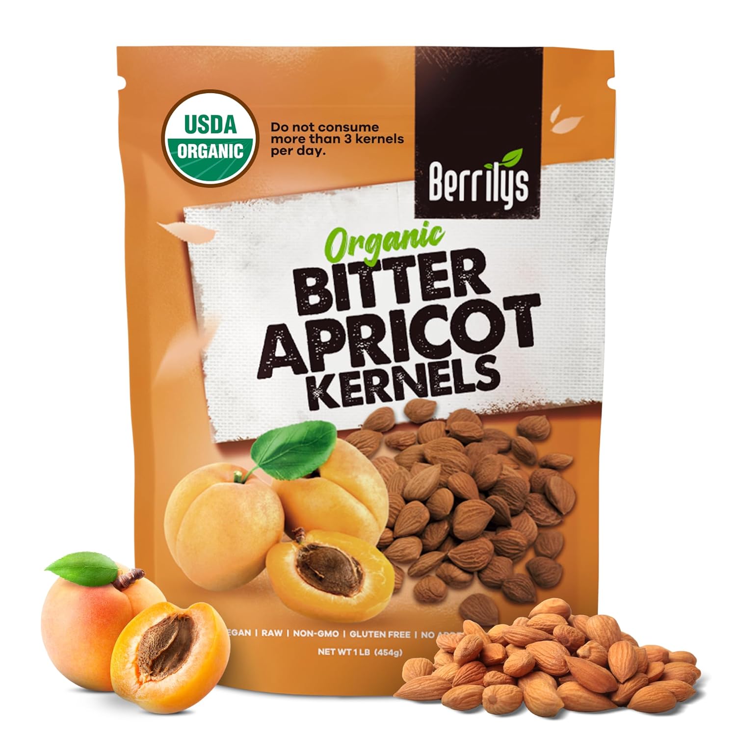 Berrilys Organic Bitter Apricot Kernels – USDA Certified Organic Bitter Apricot Seeds – Natural & Non-GMO, Premium Quality Kernals, No Sulfur or Additives – 16 oz