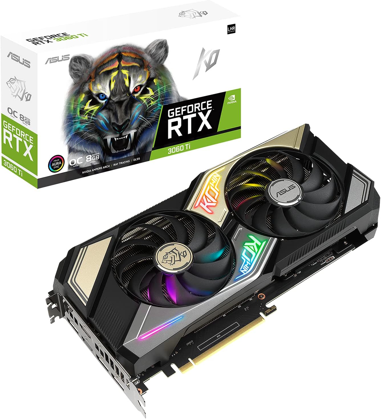 ASUS KO NVIDIA GeForce RTX 3060 Ti V2 OC Edition 8GB GDDR6 Gaming Graphics Card- PCIe 4.0, 8GB GDDR6 memory, LHR, HDMI 2.1, DisplayPort 1.4a, Axial-tech Fan Design, 0dB technology, Enduring capacitors