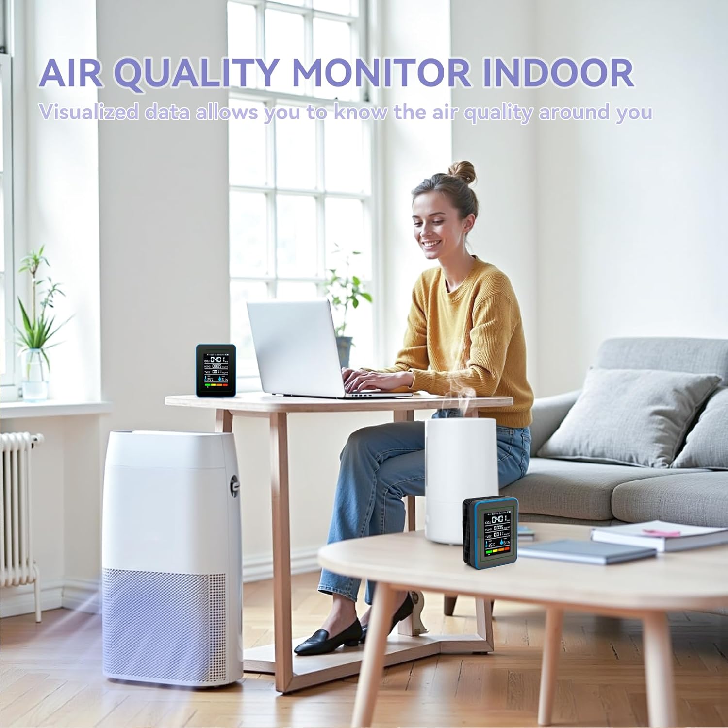 5-in-1 Air Quality Monitor Indoor,Indoor Portable CO2, HCHO,TVOC,Humidity,Temperature,Air Quality Space Clean Air Monitor (Black Blue)