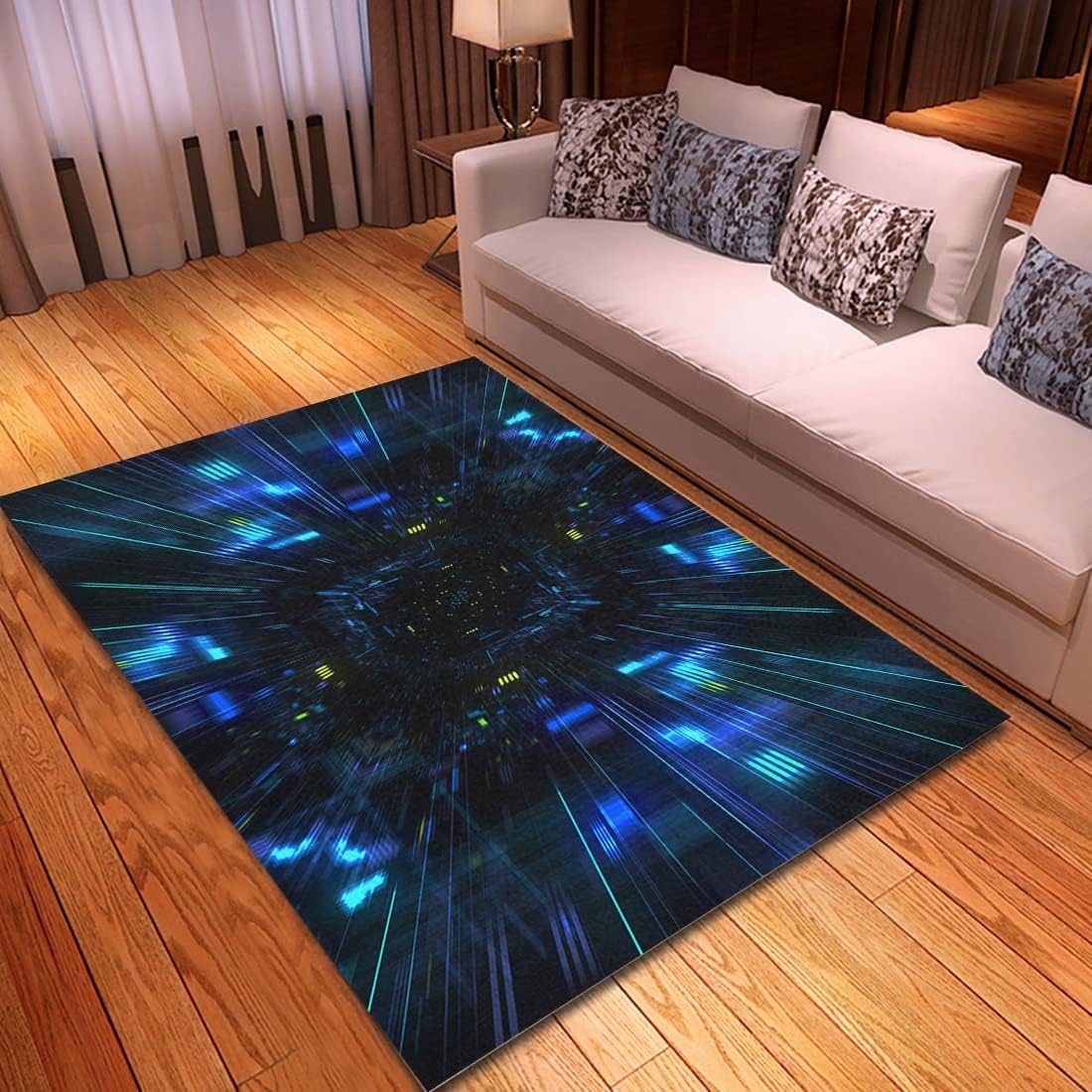 Non-Slip Area Rugs Abstract Futuristic Sci Fi Warp Tunnel Particle Grid Graphic Data Center Server Internet Home Decor Rugs Carpet for Classroom Living Room Bedroom Dining Kindergarten Room 2.7’X6′