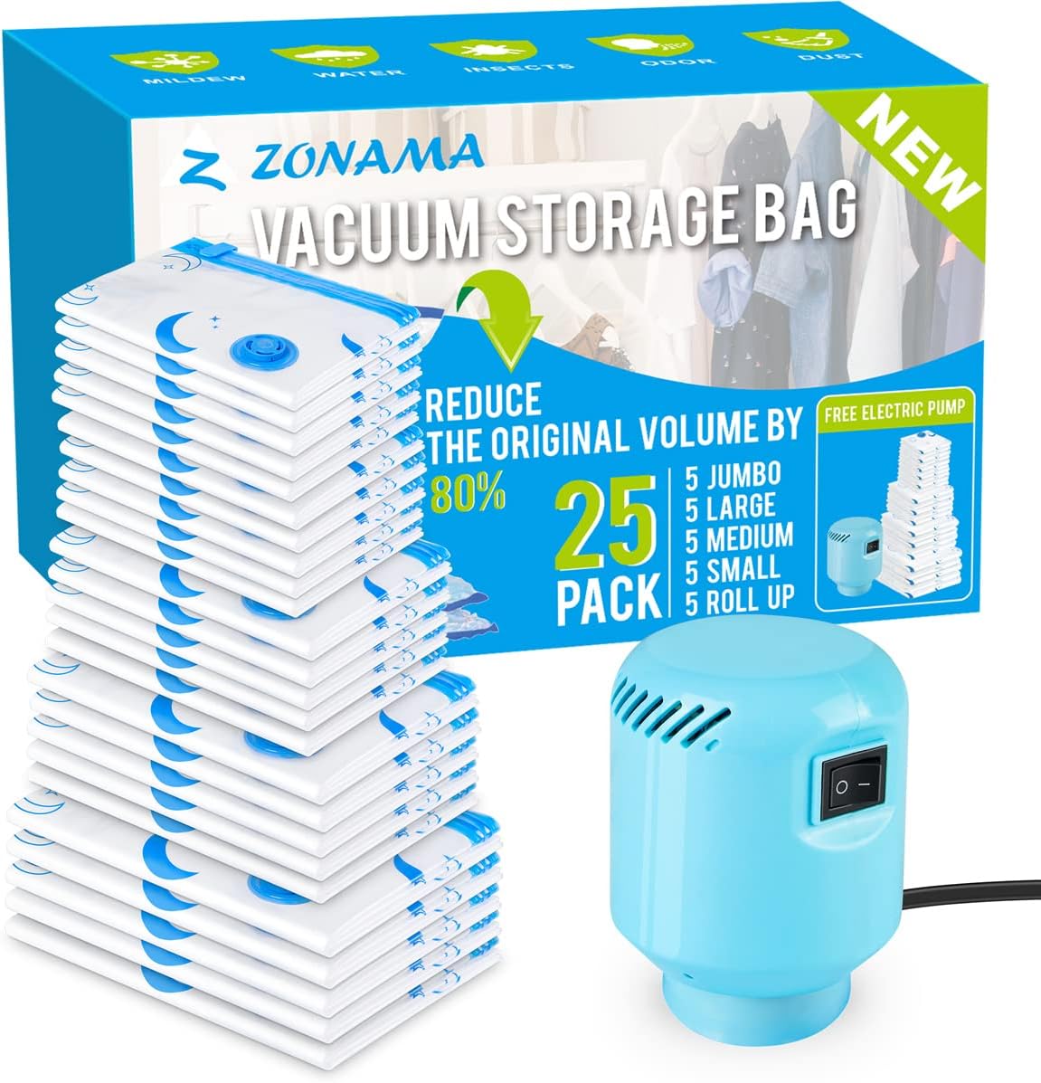 Vacuum Storage Bags with Electric Air Pump, 25 Pack (5 Jumbo, 5 Large, 5 Medium, 5 Small, 5 Roll Up Bags) Space Saver Bag for Clothes, Mattress, Blanket, Duvets, Pillows, Comforters,Travel, Moving