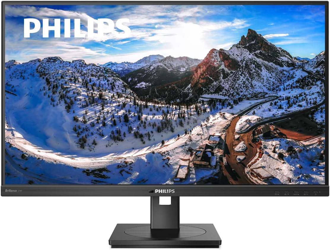 PHILIPS Brilliance 279P1 27″ Frameless Monitor, 4K UHD IPS (3840×2160), 122% sRGB, Speakers, USB-C Docking, Power-Saving PowerSensor, Height Adjustable, VESA, 4Yr Advance Replacement