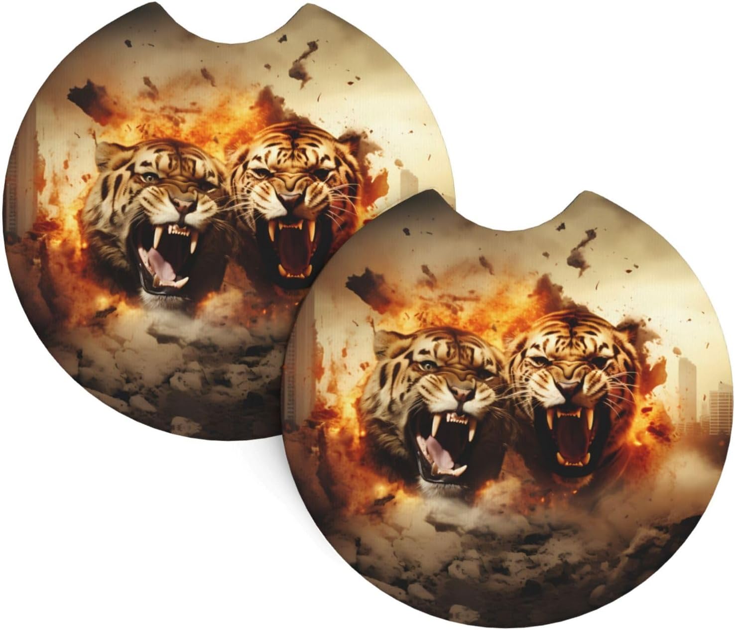 Phayah Two Tigers On Fire Car Coasters 2 Pack Protect Your Cup Holder Suitable for Daily Life and Outdoor Self-Driving New Car Gift