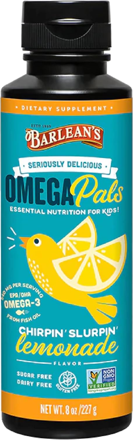 Barlean’s Omega Pals Chirpin’ Slurpin’ Omega 3 for Kids, Yummy Lemonade Flavored Children’s Liquid Fish Oil Supplement with 540 mg of EPA & DHA for Brain & Eye Health, 8 oz